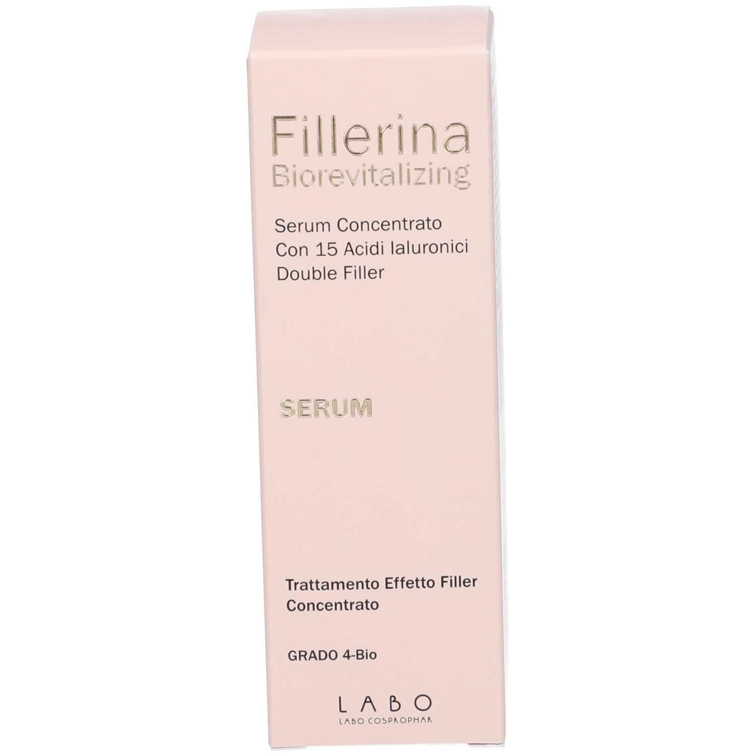 Confezione rosa con nome e logo del prodotto. Scritta: Fillerina Biorevitalizing Serum.