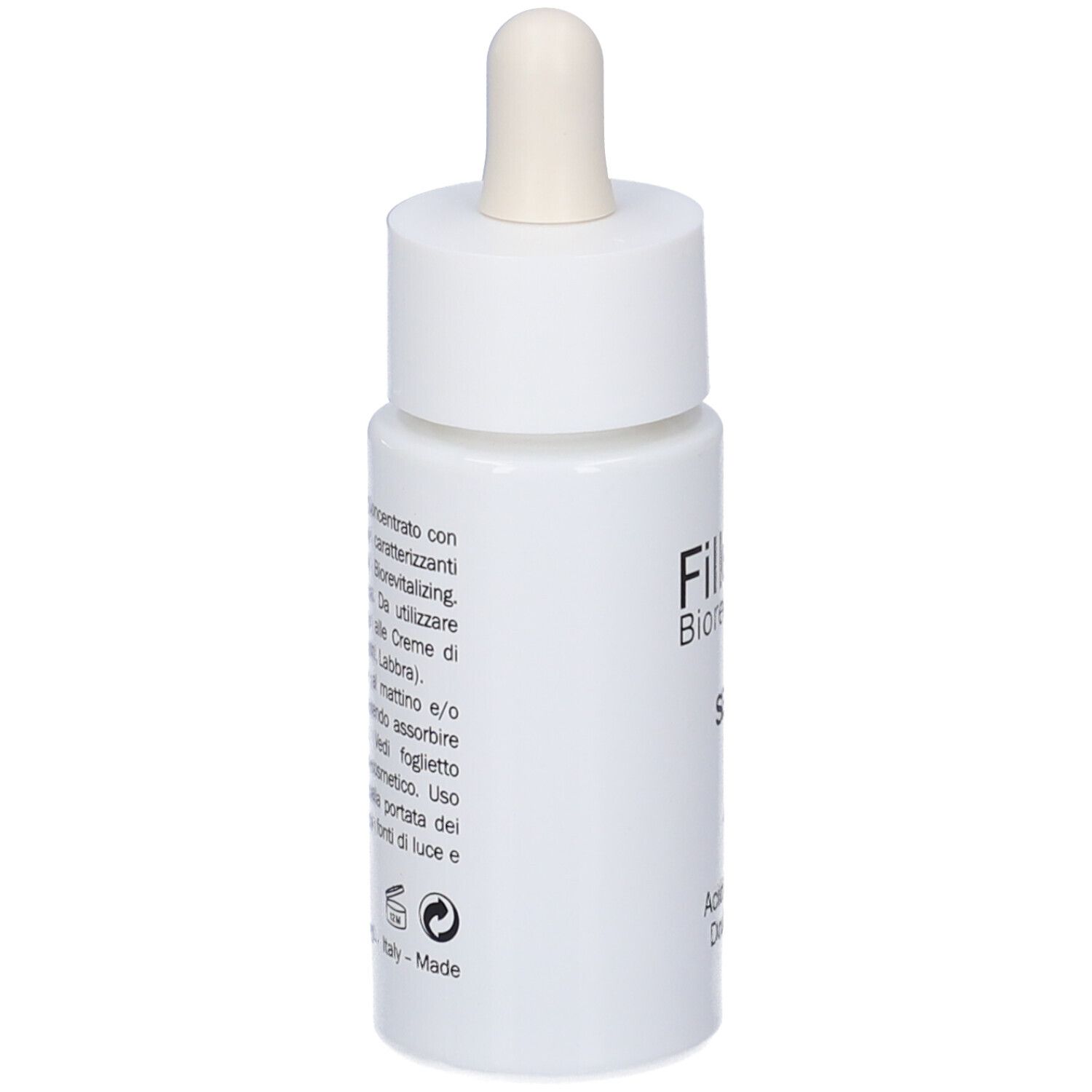 Flacone bianco con pipetta. Testo in italiano. Fillerina Biorevitalizing Serum. Con logo e informazioni.