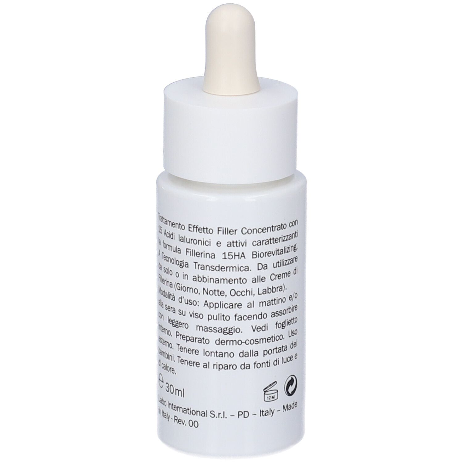Flacone bianco con pipetta. Testo in italiano. Fillerina Biorevitalizing Serum. Con logo e informazioni.