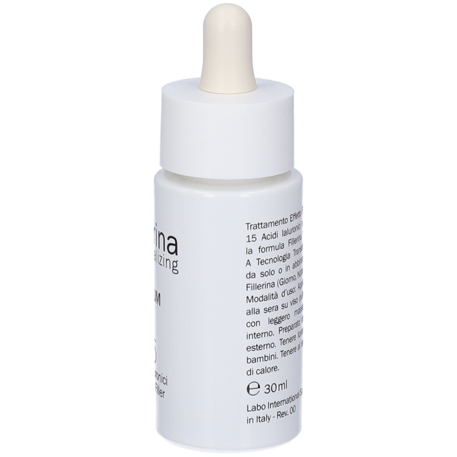 Flacone bianco con pipetta. Testo in italiano. Fillerina Biorevitalizing Serum. Con logo e informazioni.