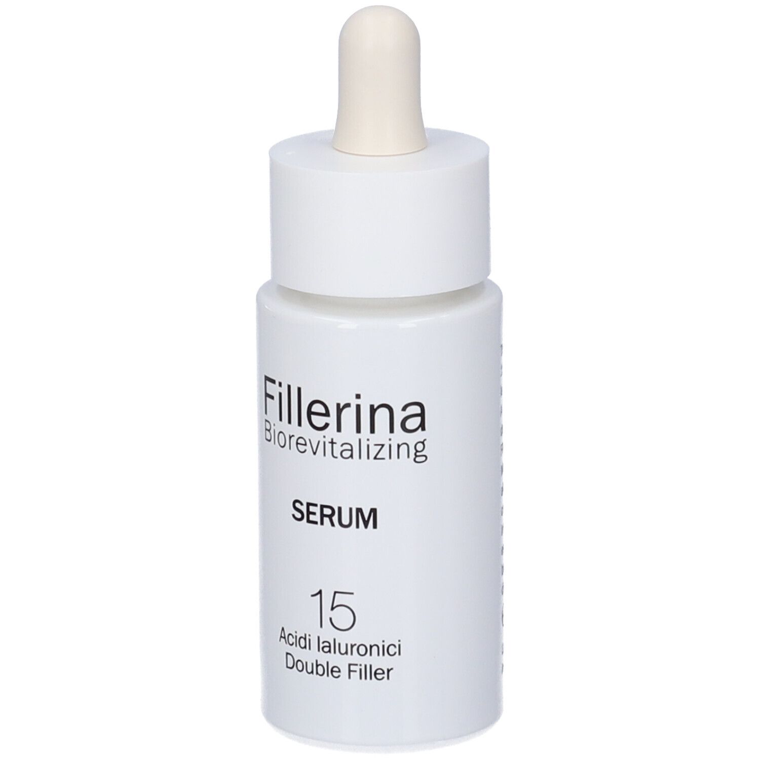 Flacone bianco con pipetta. Scritta: Fillerina Biorevitalizing Serum 15 Acidi Ialuronici Double Filler.