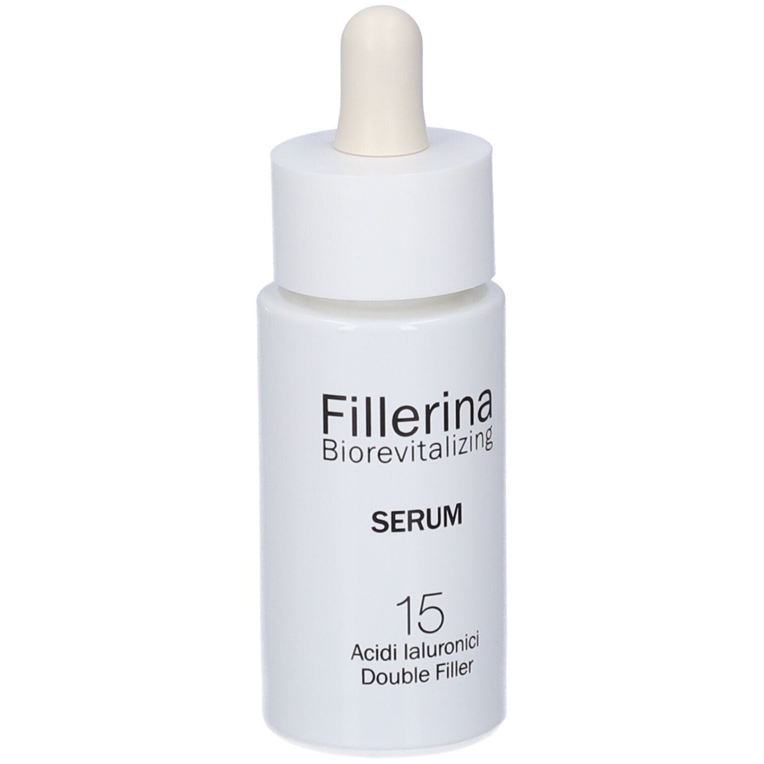 Flacone bianco con pipetta. Scritta: Fillerina Biorevitalizing Serum 15 Acidi Ialuronici Double Filler.