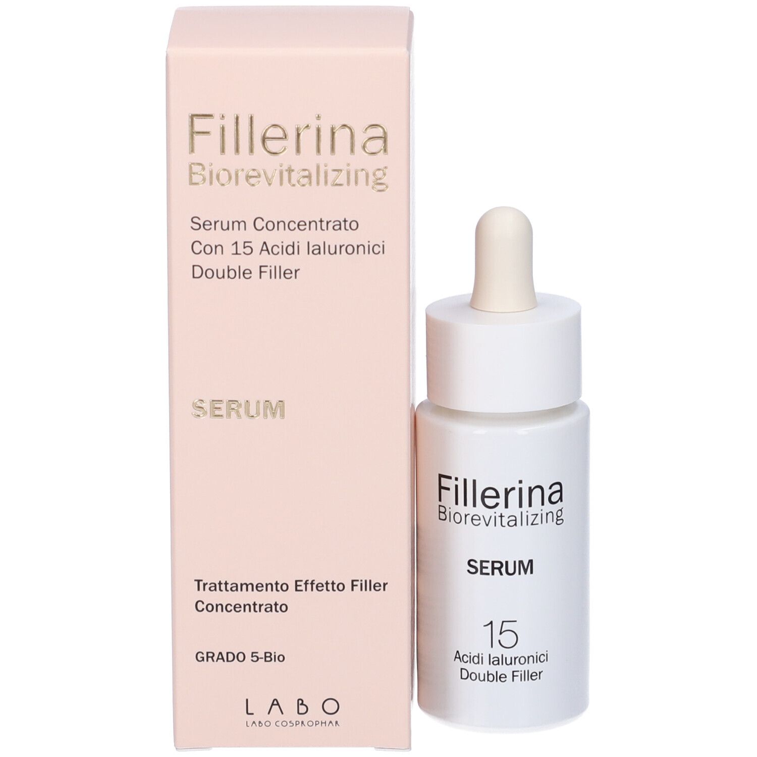Confezione e flacone. Scritta: Fillerina Biorevitalizing Serum, 15 Acidi Ialuronici Double Filler. Grado 5-Bio.