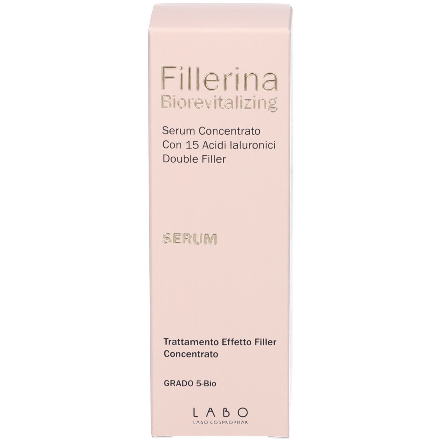 Confezione del prodotto. Scritta: Fillerina Biorevitalizing Serum, 15 Acidi Ialuronici Double Filler. Grado 5-Bio.