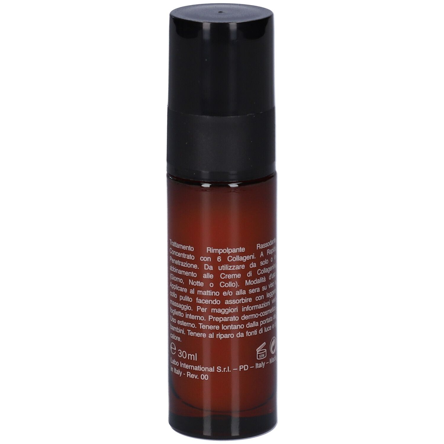 Flacone di siero marrone con tappo nero. Testo in italiano. Scritta: 30ml. Logo e testo: Made in Italy.