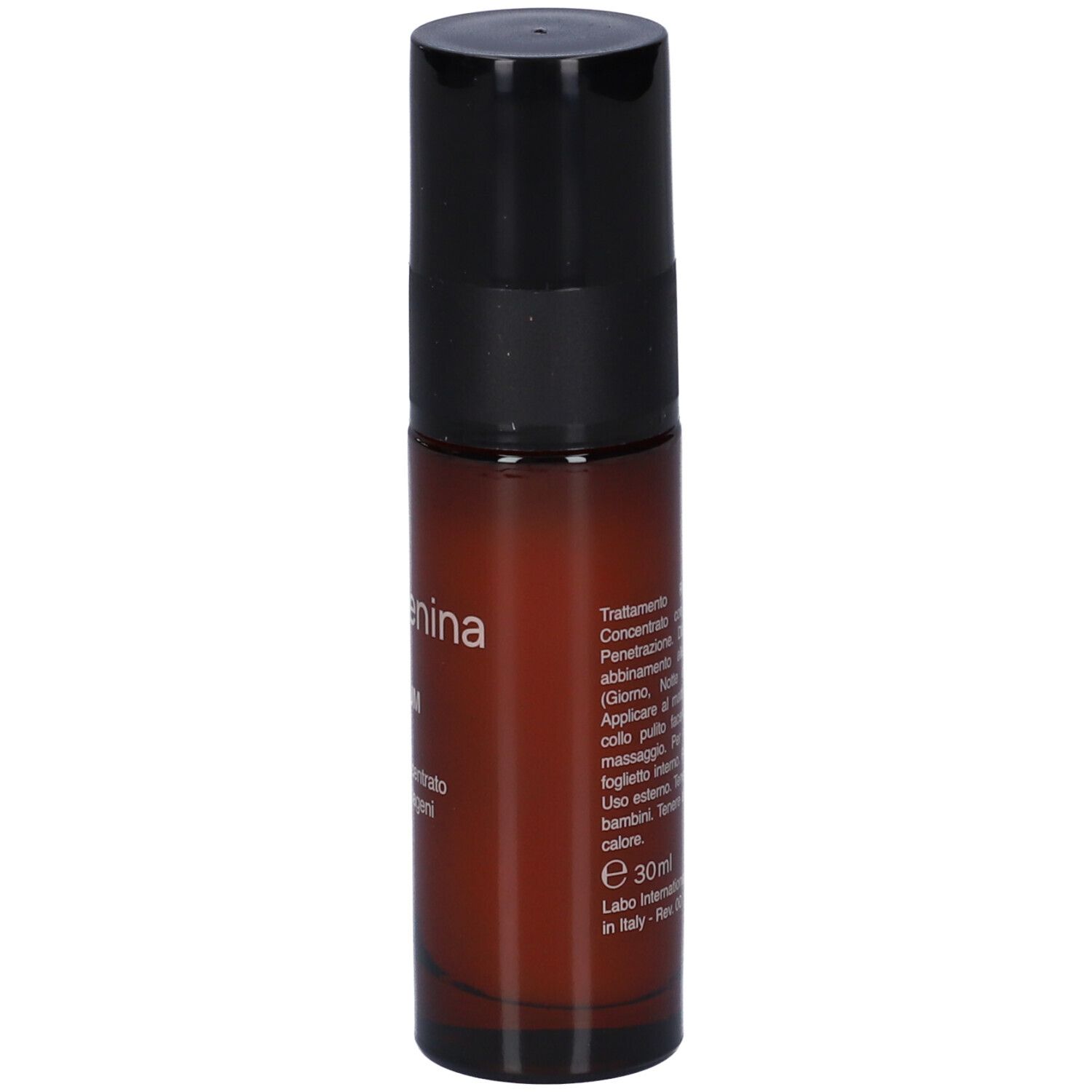 Flacone di siero marrone con tappo nero. Testo in italiano. Scritta: 30ml. Logo e testo: Made in Italy.