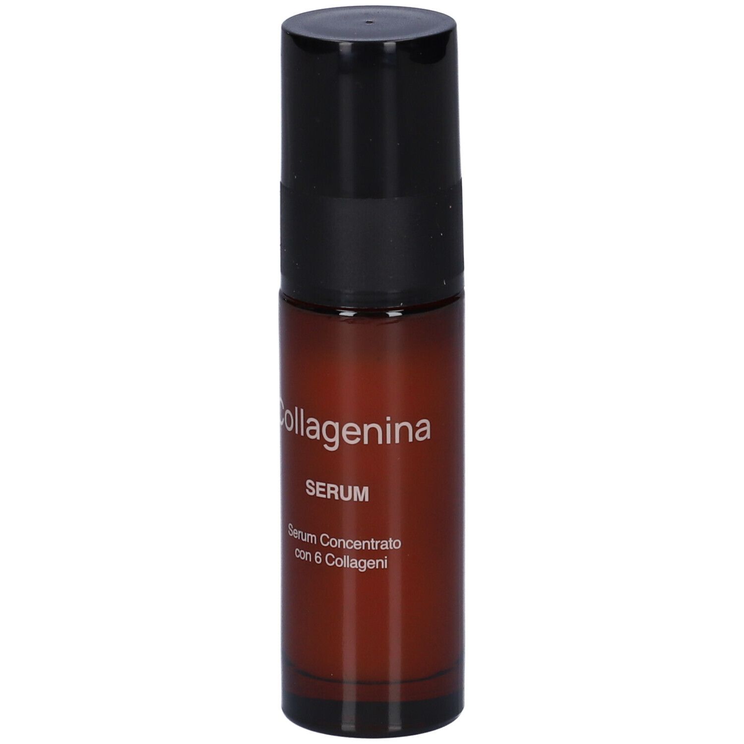Flacone di siero marrone con tappo nero. Scritta: Collagenina, Serum, Serum Concentrato con 6 Collageni.