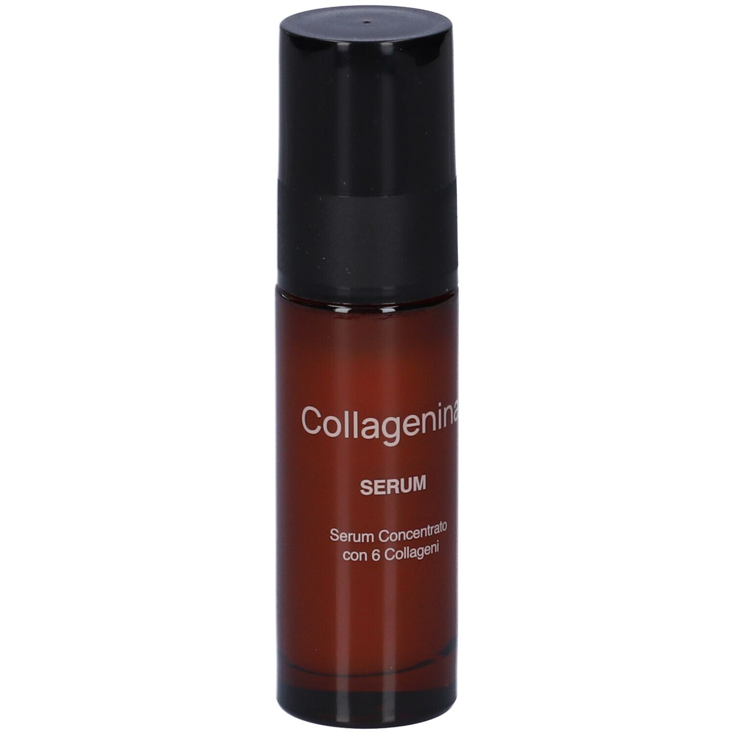 Flacone di siero marrone con tappo nero. Scritta: Collagenina, Serum, Serum Concentrato con 6 Collageni.