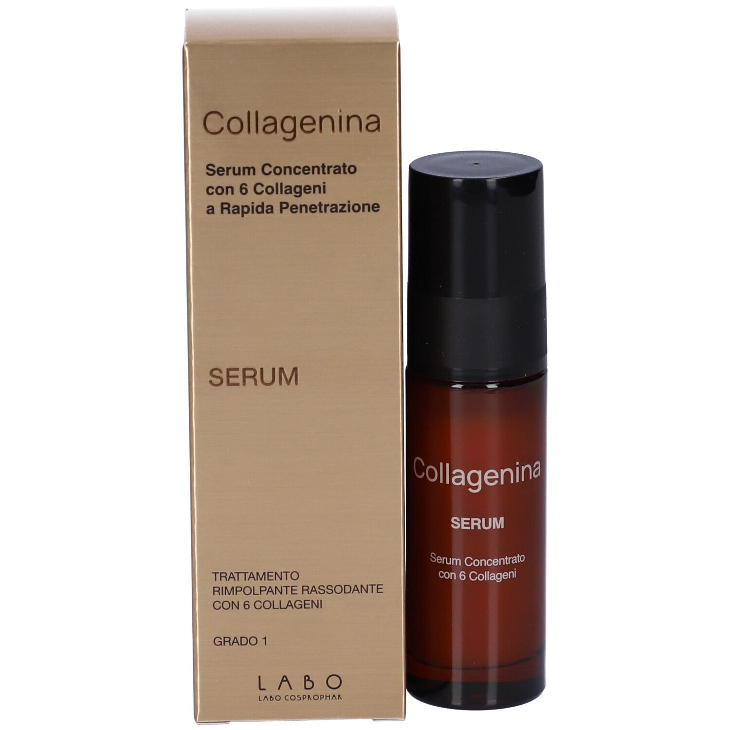 Flacone di siero marrone con tappo nero accanto a una scatola dorata. Scritta: Collagenina, Serum, 6 Collageni.