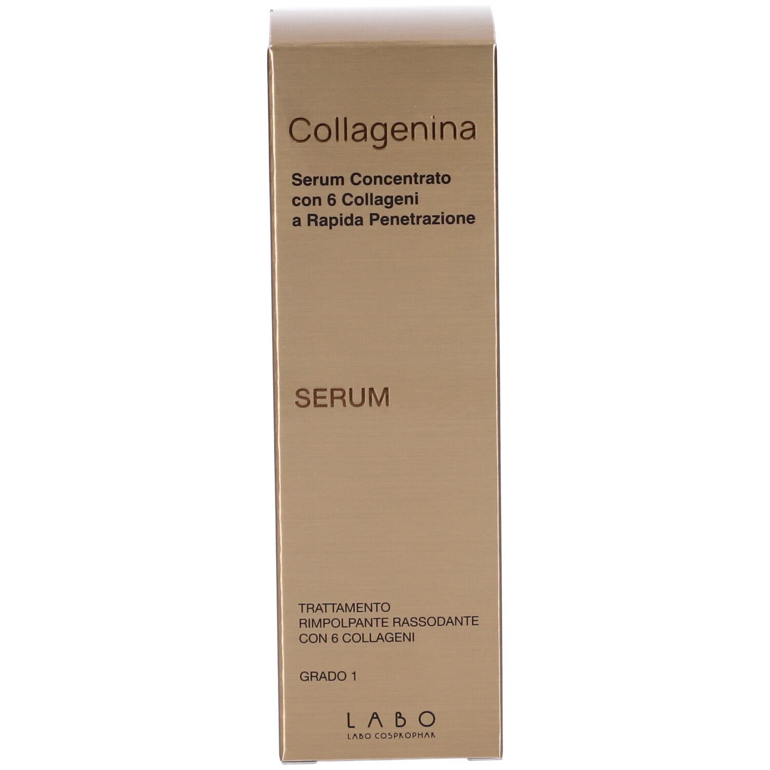 Scatola dorata con scritta: Collagenina, Serum Concentrato con 6 Collageni a Rapida Penetrazione, Grado 1.
