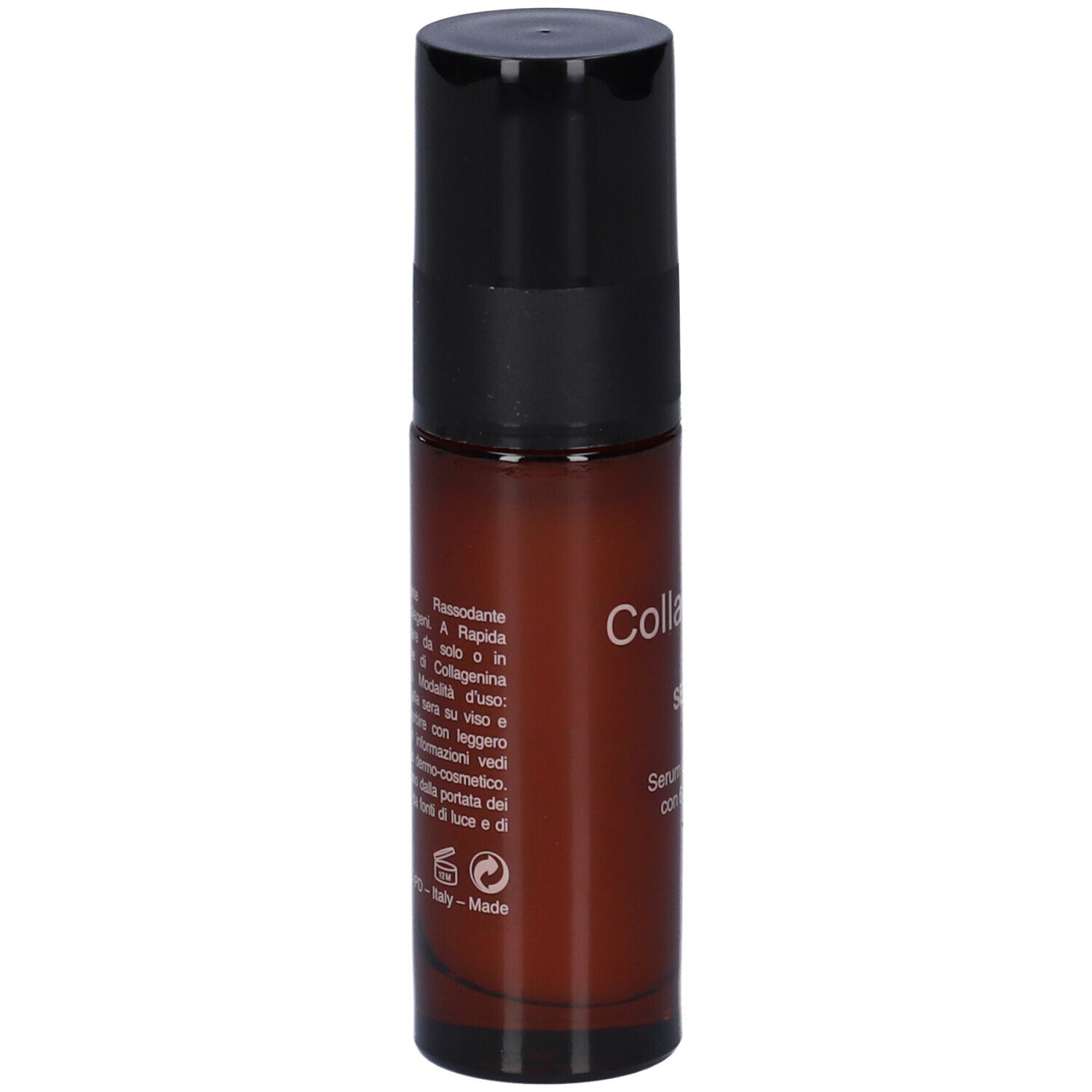 Flacone di siero marrone con tappo nero. Scritta: Collagenina Serum. Testo in italiano.