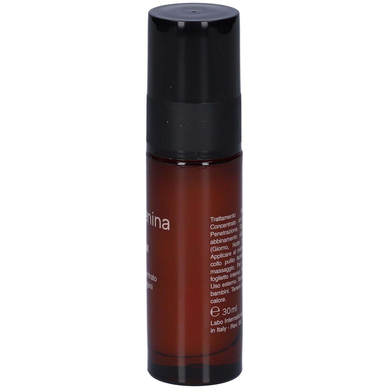 Flacone di siero marrone con tappo nero. Testo in italiano, con e 30ml in basso.