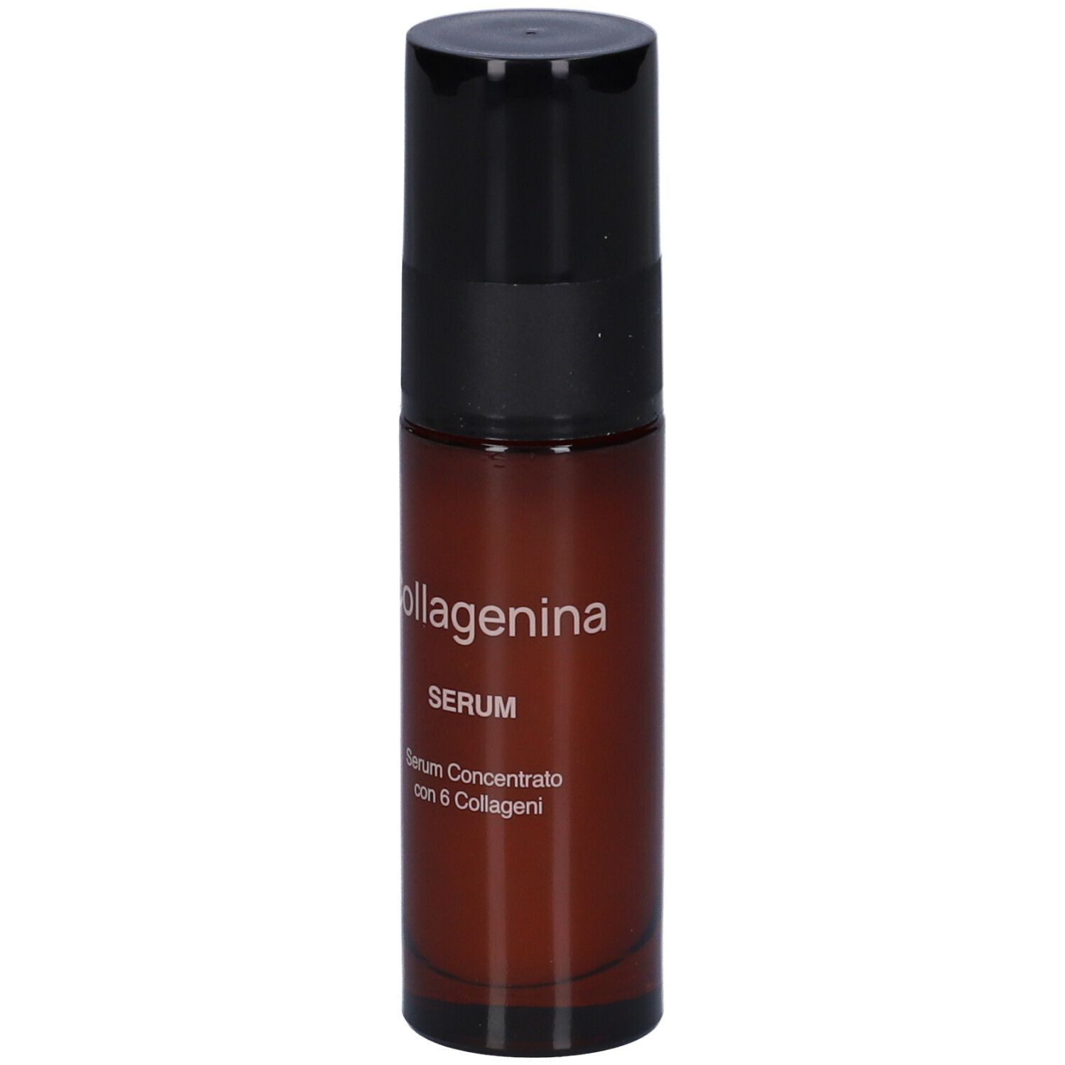 Flacone di siero marrone con tappo nero. Scritta: Collagenina Serum, Serum Concentrato con 6 Collageni.