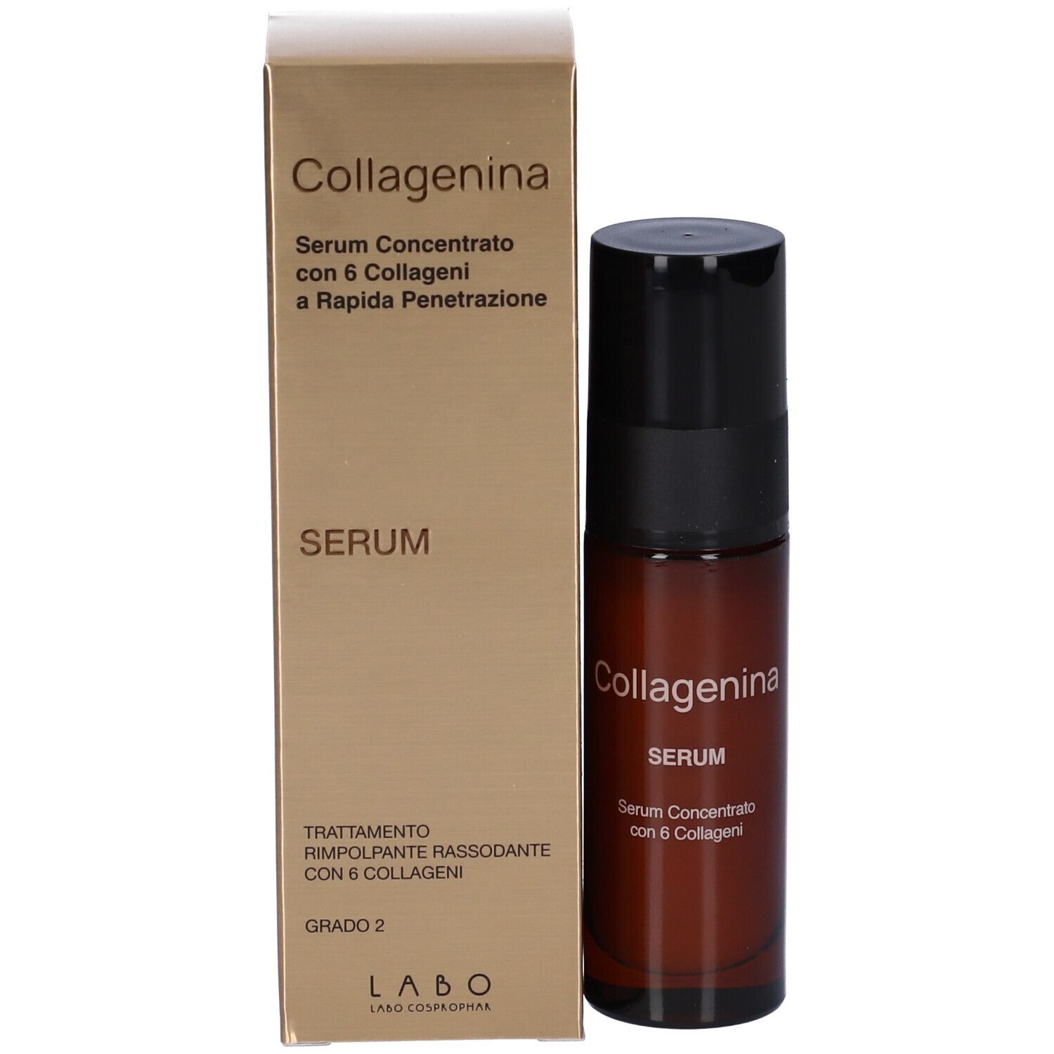 Flacone di siero e confezione. Scritta: Collagenina Serum, Serum Concentrato con 6 Collageni. Grado 2.