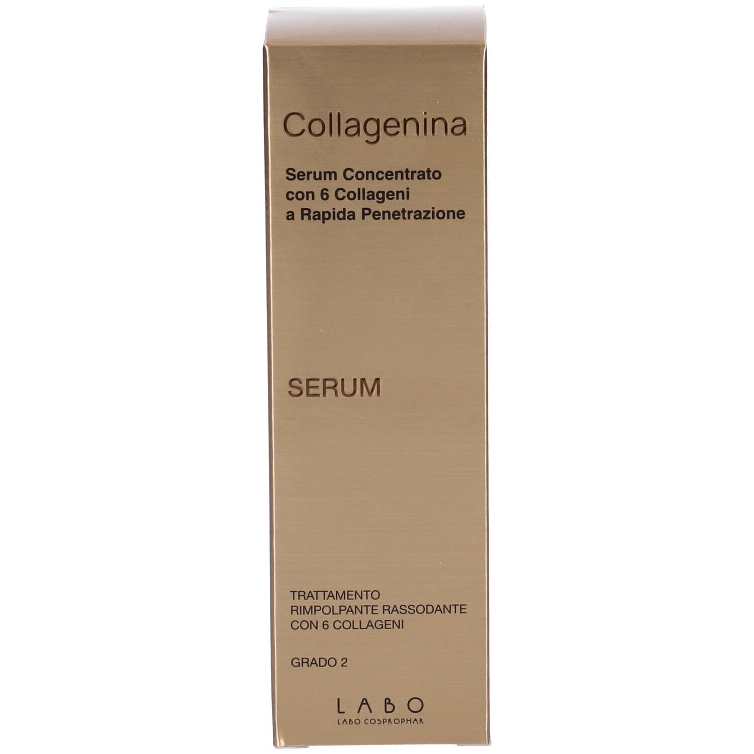 Confezione con scritta: Collagenina Serum, Serum Concentrato con 6 Collageni. Grado 2. Logo Labo.