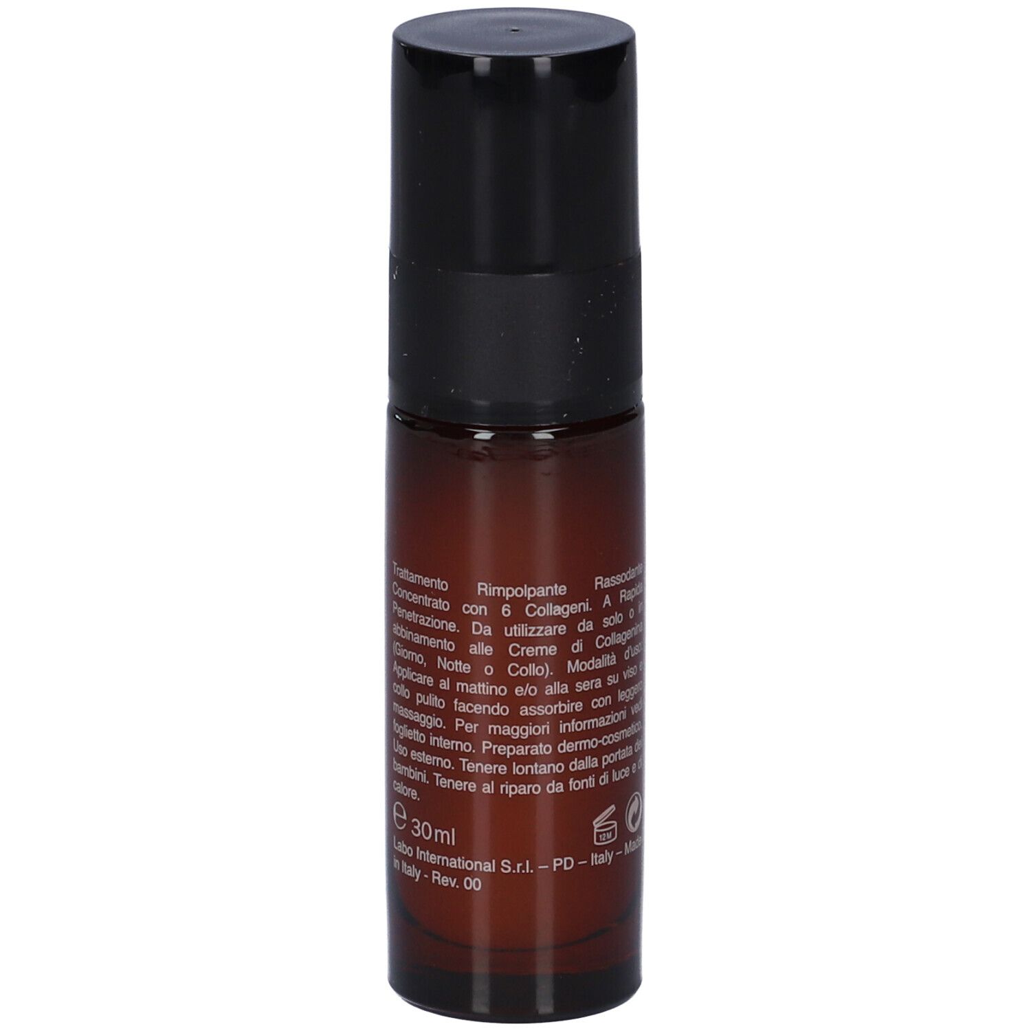 Flacone di vetro marrone con tappo nero. Testo in italiano. Volume: 30 ml. Informazioni produttore.