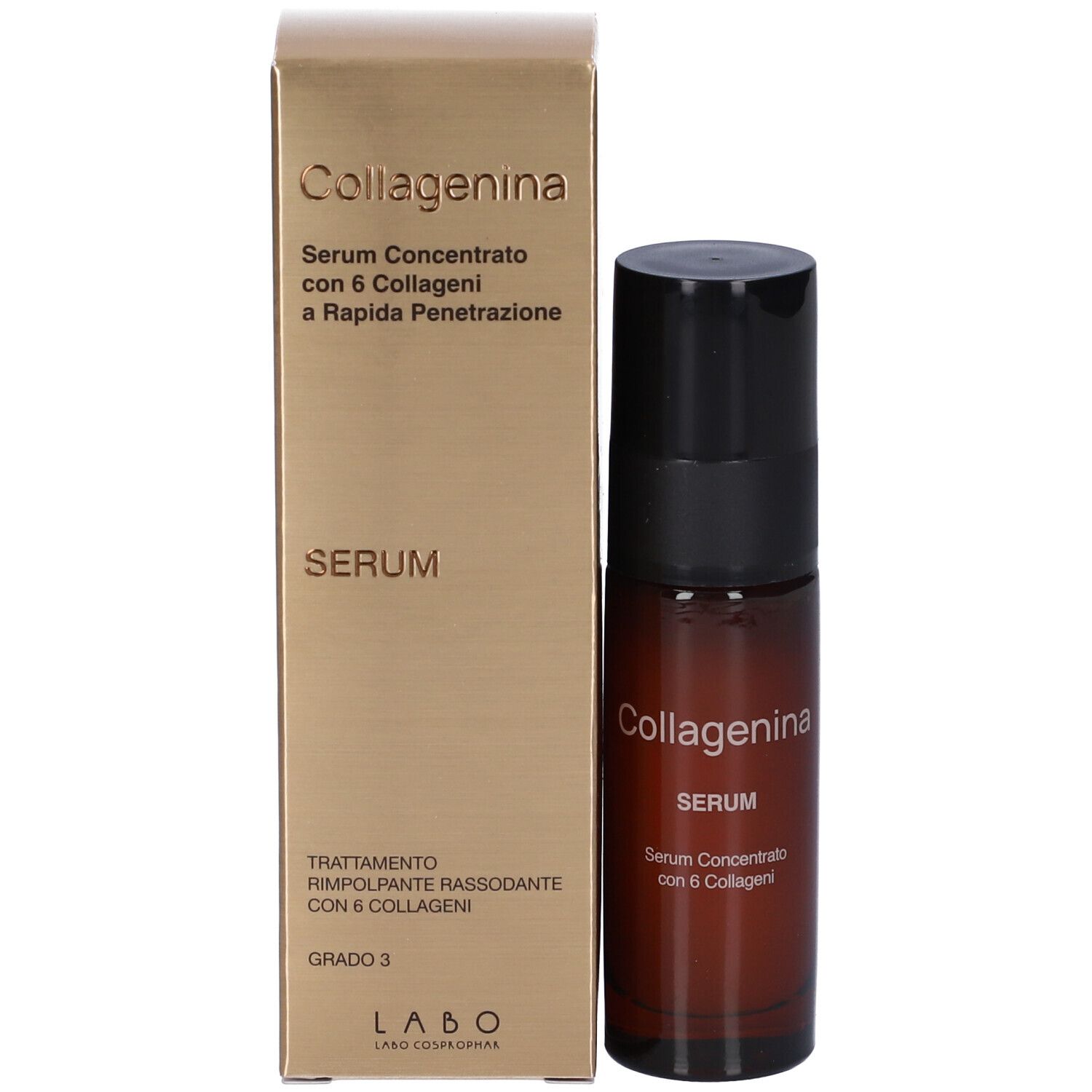 Confezione e flacone. Scatola dorata e flacone in vetro marrone con tappo nero.