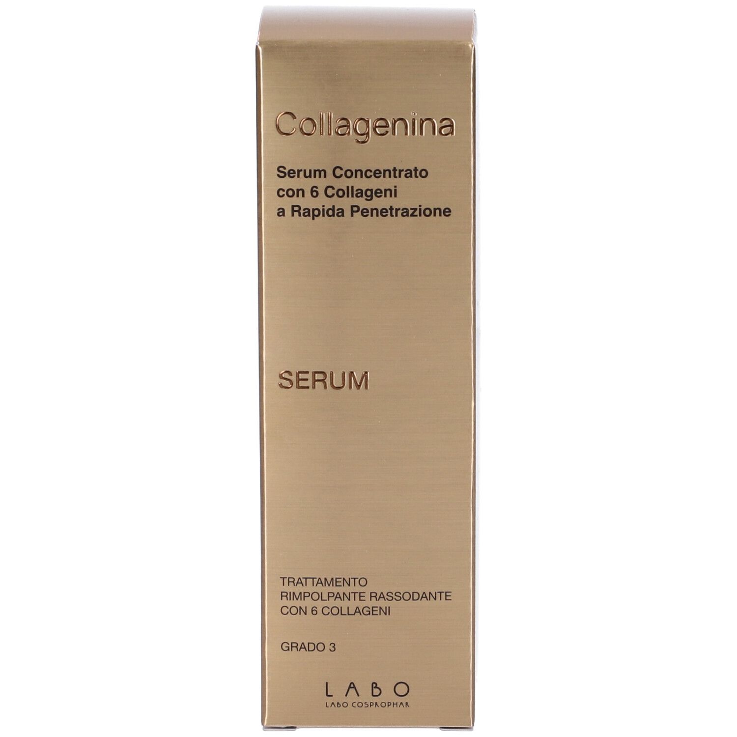 Scatola dorata con informazioni sul prodotto. Scritta: Collagenina Serum, Serum Concentrato.