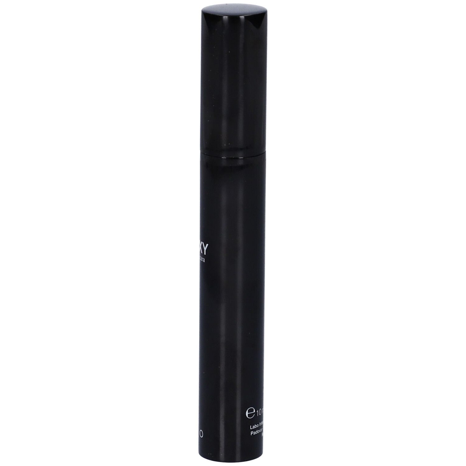 Tubo di mascara nero con tappo nero. Scritta CREXY Black Mascara e LABO.