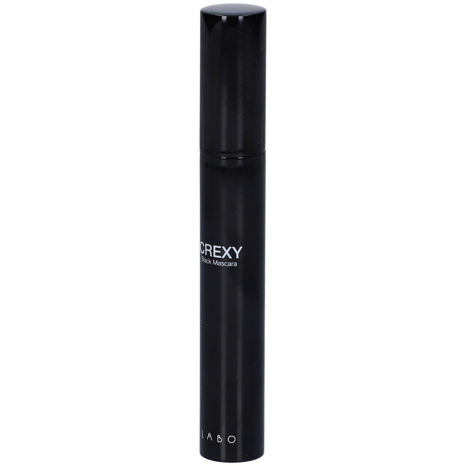 Tubo di mascara nero con tappo nero. Scritta CREXY Black Mascara e LABO.