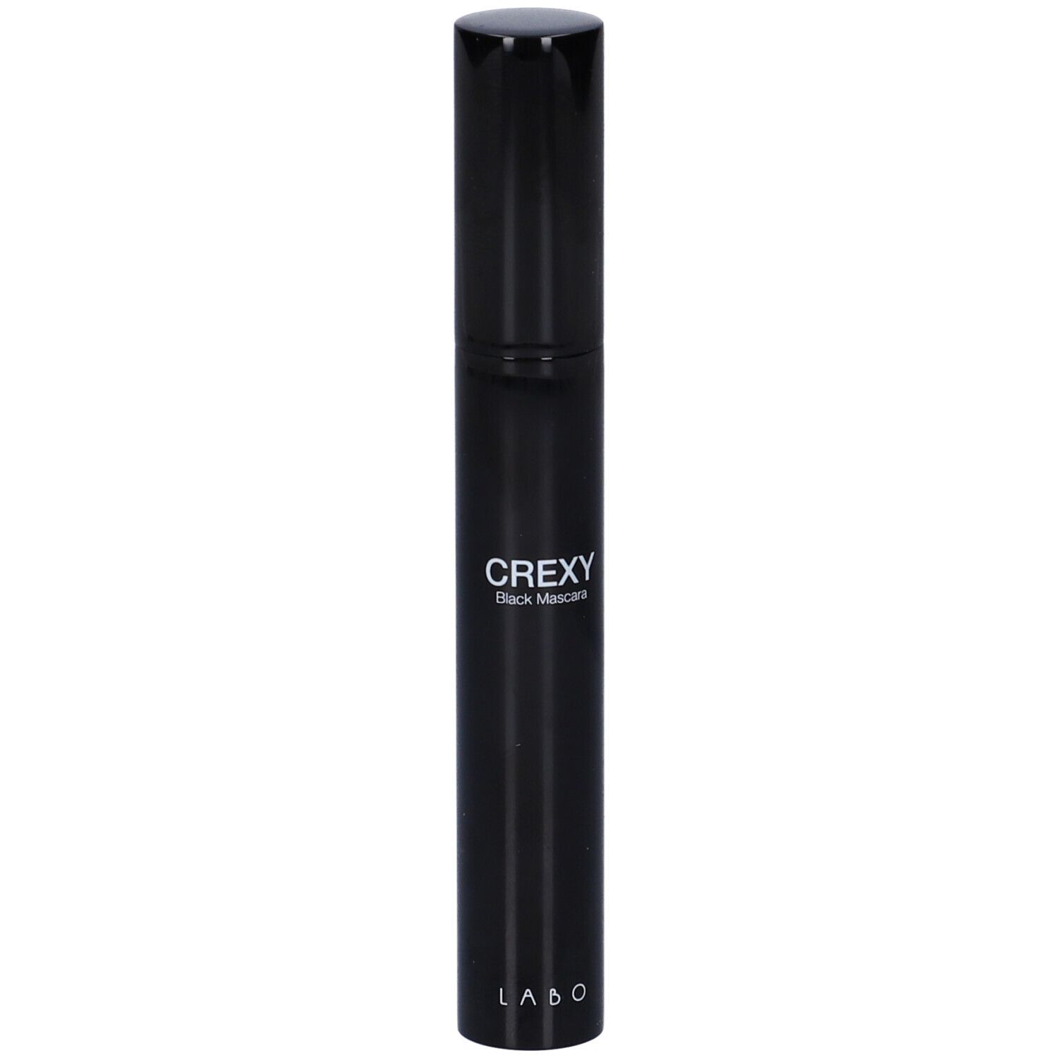 Tubo di mascara nero con tappo nero. Scritta CREXY Black Mascara e LABO.