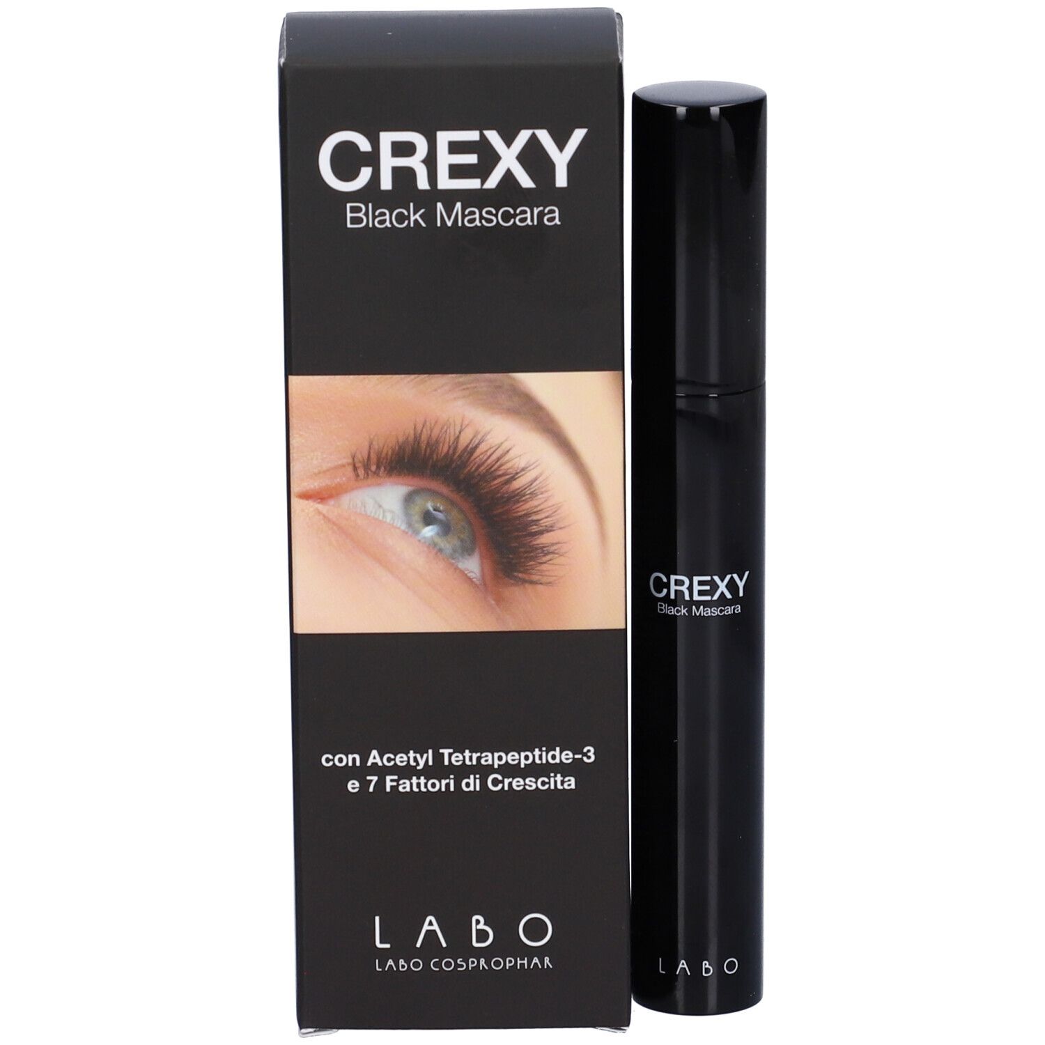 Tubo e scatola di mascara neri. Scritta CREXY Black Mascara, LABO. Immagine di un occhio.