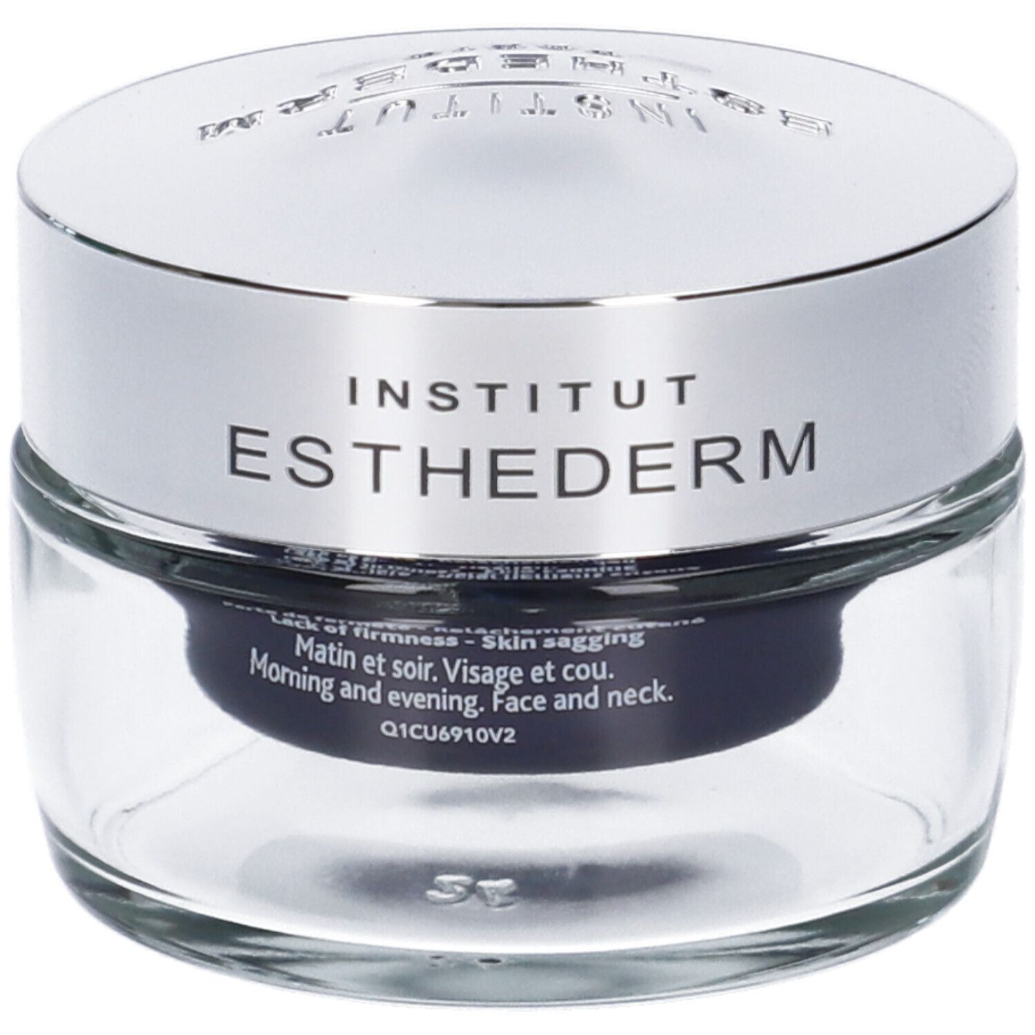 Vasetto di crema con coperchio argentato. Scritta: Institut Esthederm. Testo: Face and neck. Q1CU6910V2.