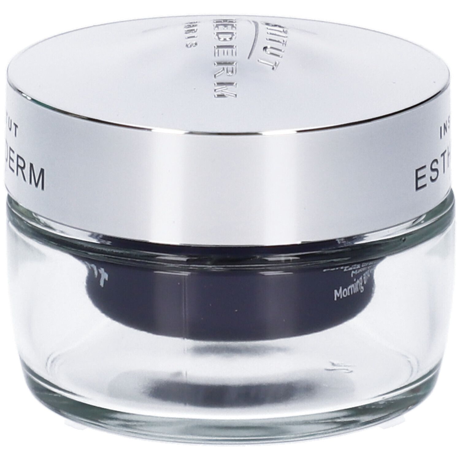 Vasetto di crema con coperchio argentato. Scritta: Institut Esthederm. Testo: Morning and evening.