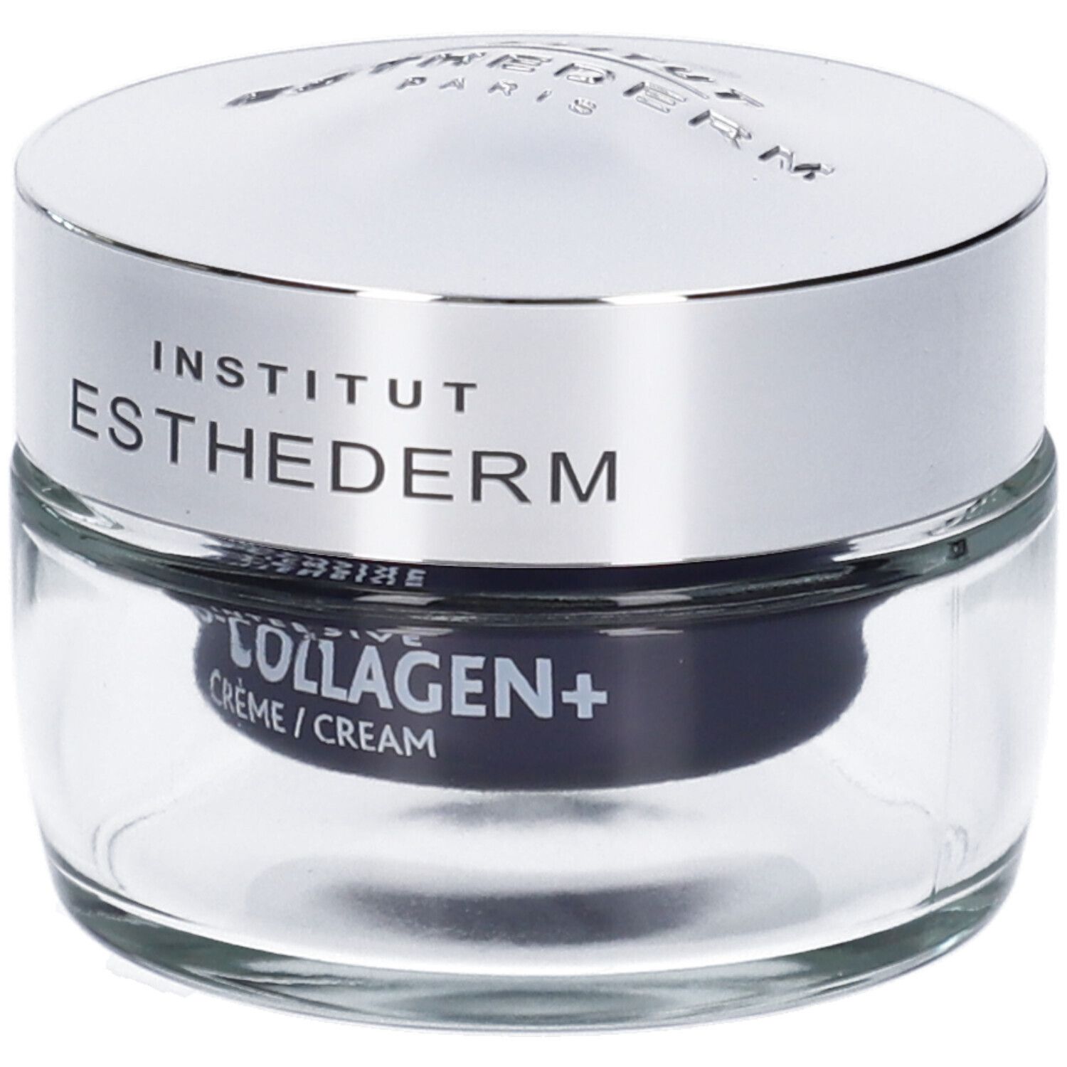 Vasetto di crema con coperchio argentato. Scritta: Institut Esthederm, Pro-Collagen+ Crème.