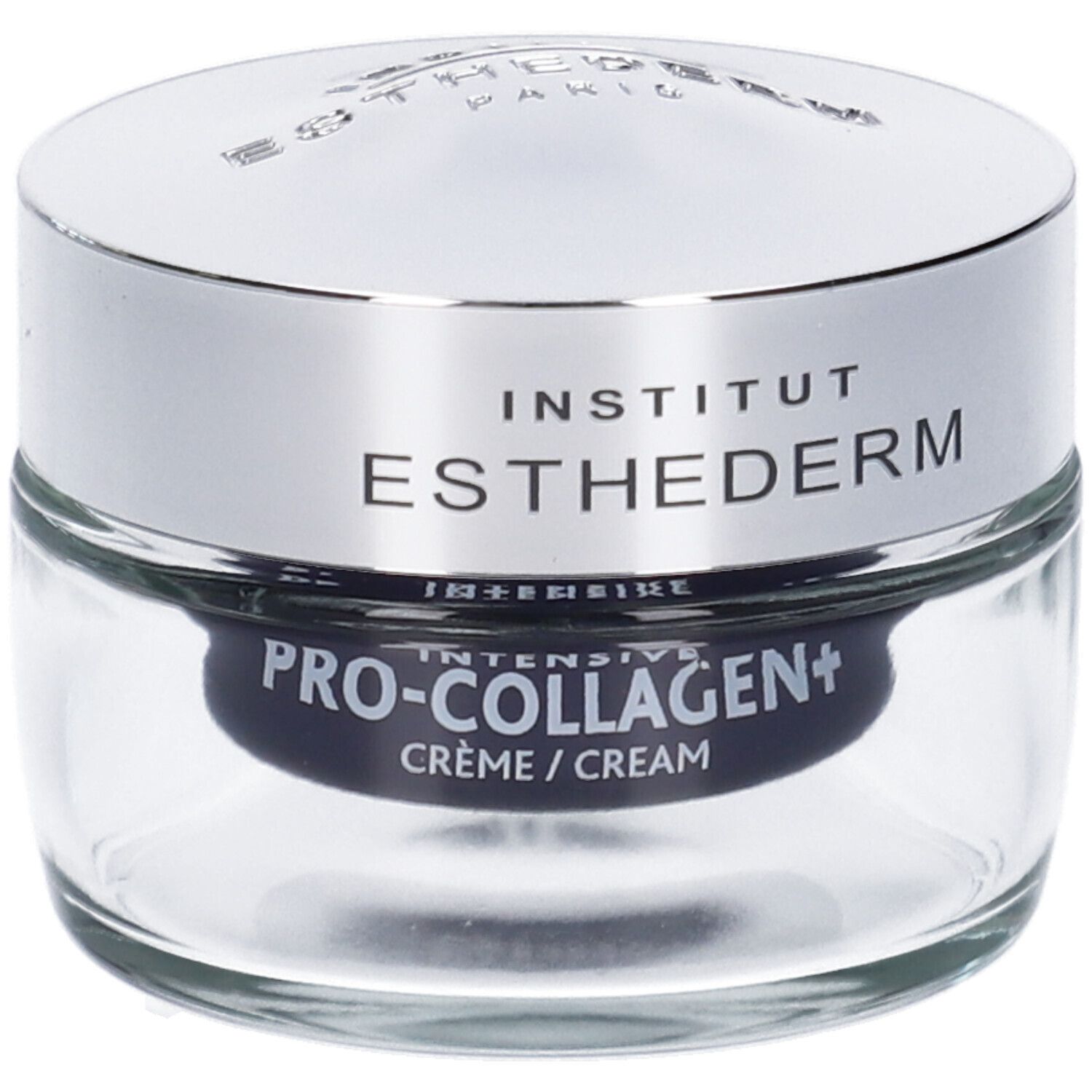 Vasetto di crema con coperchio argentato. Scritta: Institut Esthederm, Pro-Collagen+ Crème.