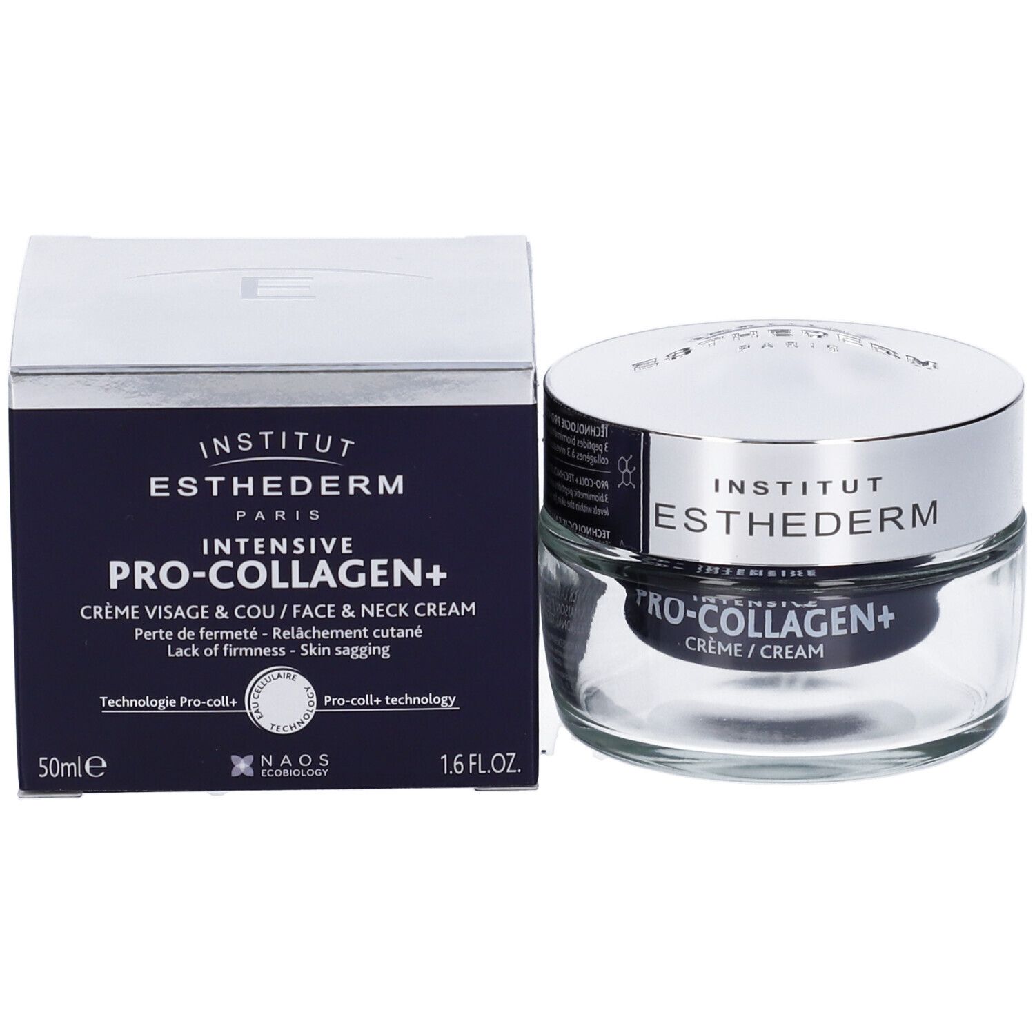 Vasetto di crema e scatola. Scritta: Institut Esthederm, Pro-Collagen+ Crème Visage & Cou. 50ml, 1.6 FL.OZ.