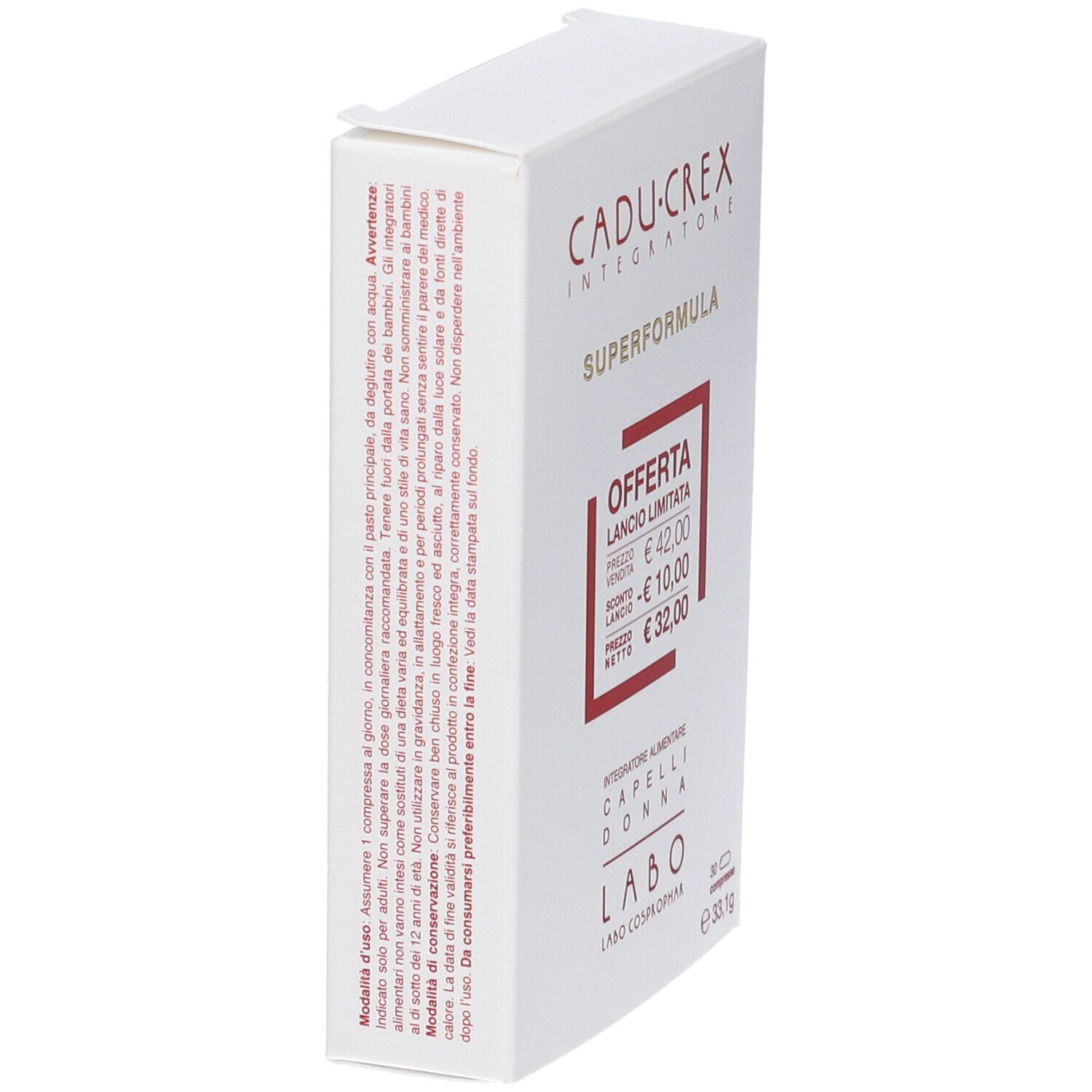 Scatola bianca CADU-CREX SUPERFORMULA. Testo e logo LABO. Testo in italiano. 30 compresse.