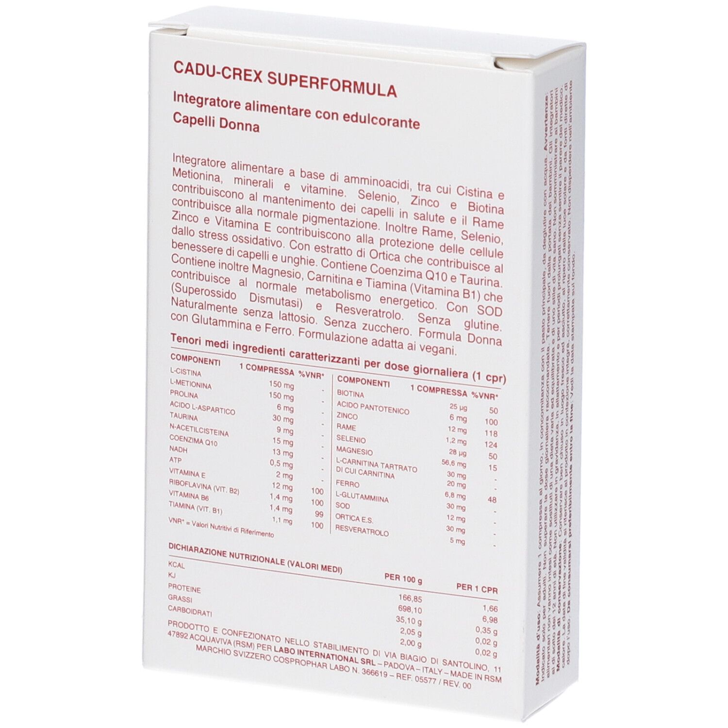 Retro della scatola bianca. Testo in italiano. Ingredienti e informazioni nutrizionali. CADU-CREX SUPERFORMULA.