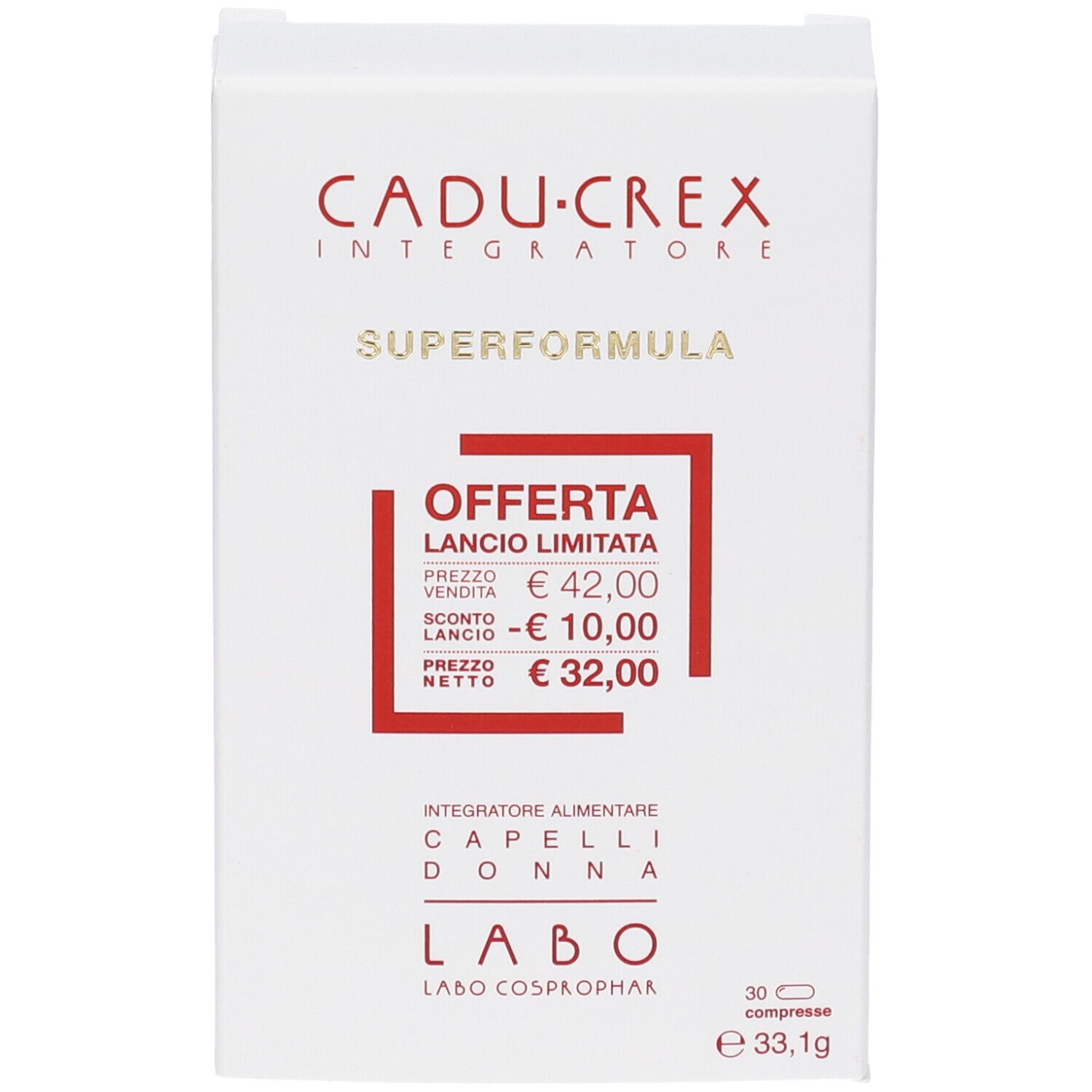 Scatola bianca CADU-CREX SUPERFORMULA. Scritta rossa: OFFERTA, prezzo, sconto. Logo LABO. 30 compresse.