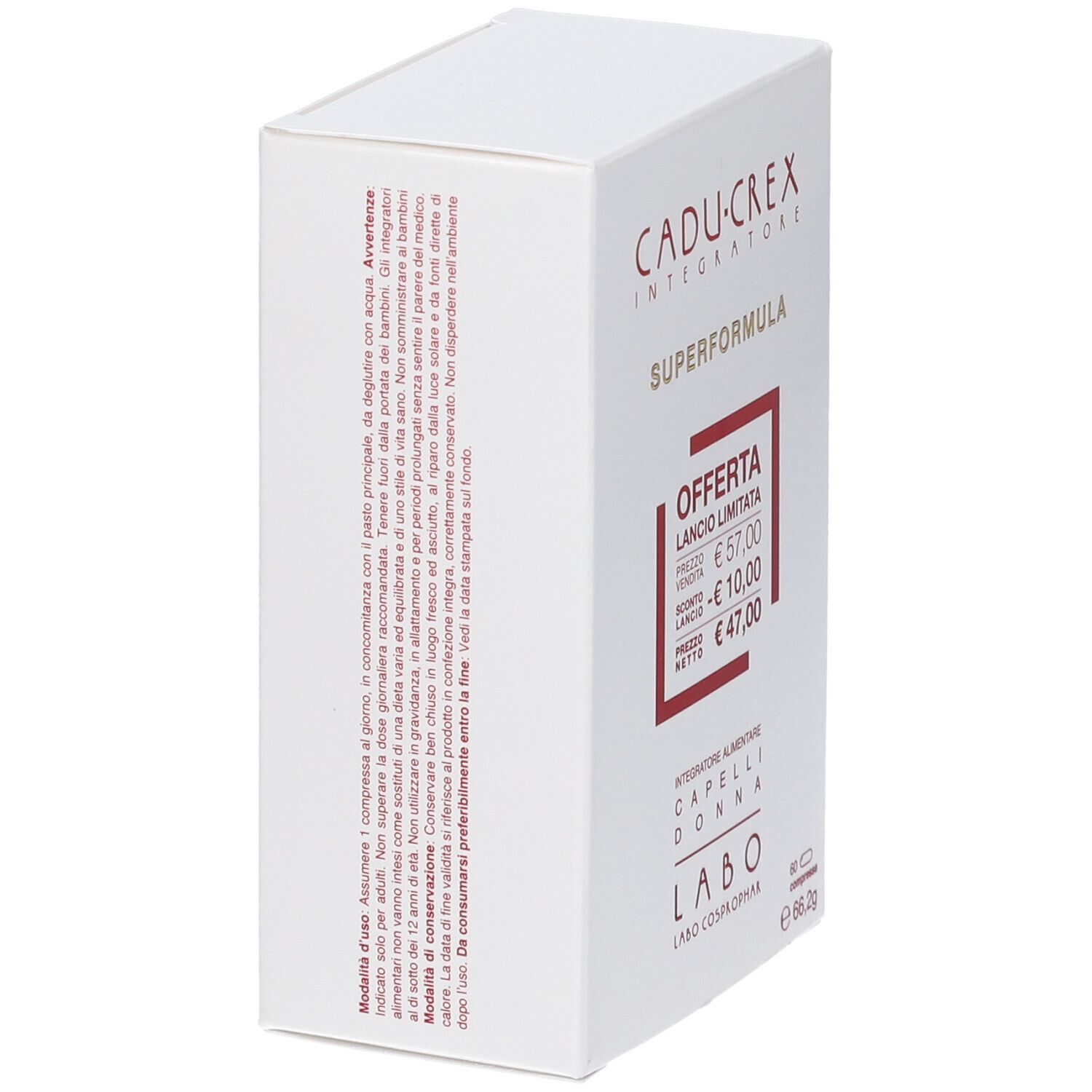 Scatola bianca CADU-CREX SUPERFORMULA. Testo sul lato. Prezzo offerta: 47,00 €.