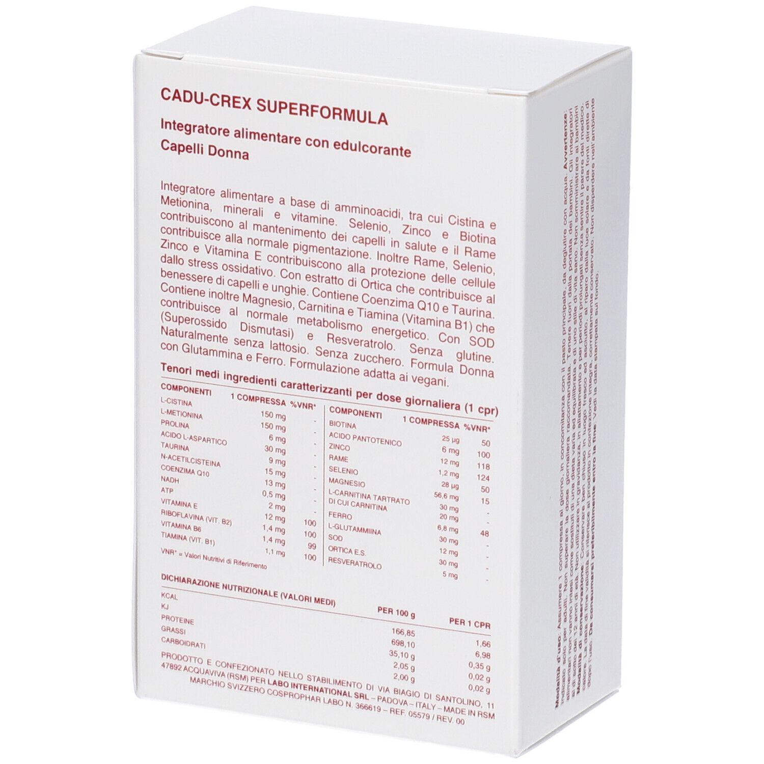 Scatola bianca CADU-CREX SUPERFORMULA. Ingredienti e informazioni nutrizionali.