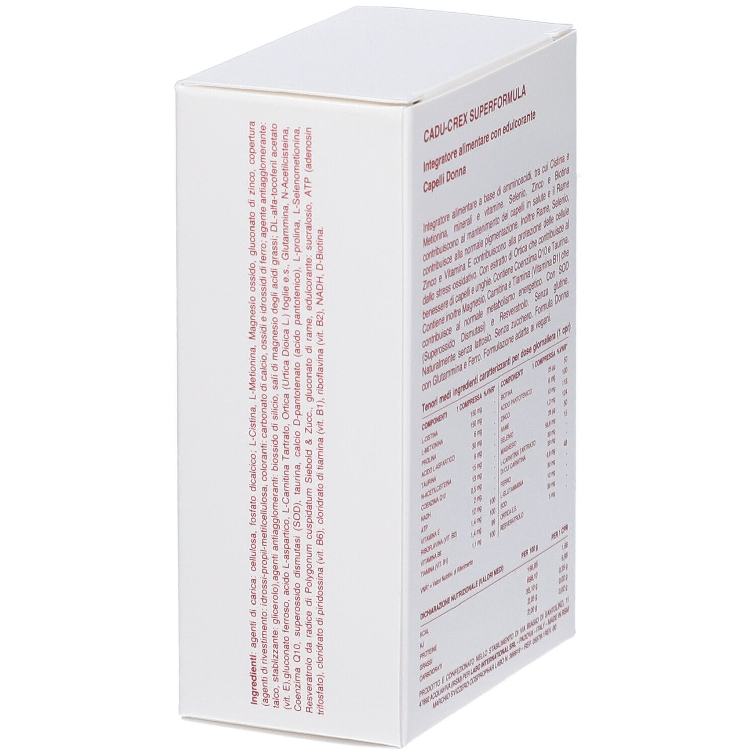 Scatola bianca CADU-CREX SUPERFORMULA. Ingredienti e informazioni nutrizionali.