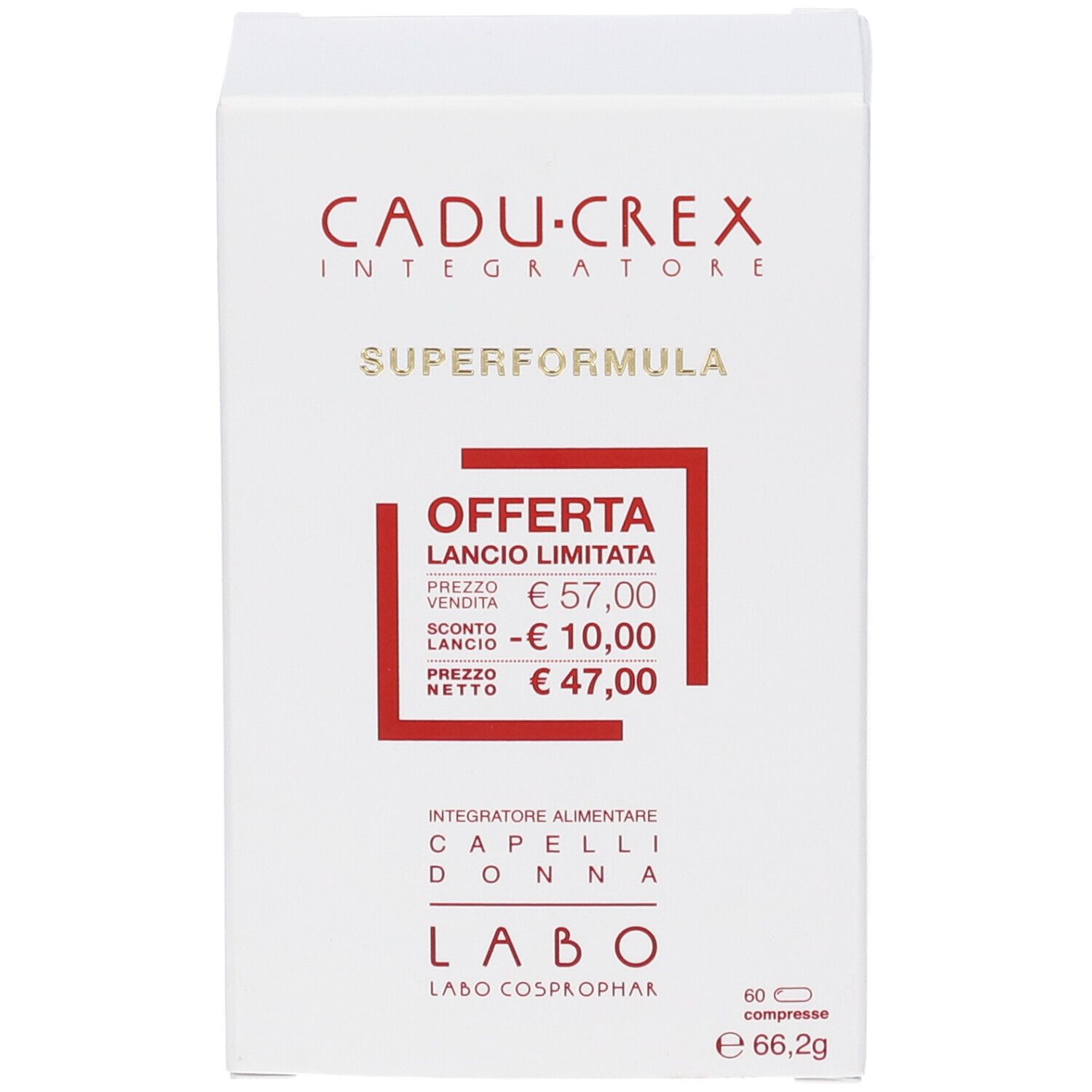 Scatola bianca CADU-CREX SUPERFORMULA. Prezzo offerta: 47,00 €. 60 compresse, 66,2g.