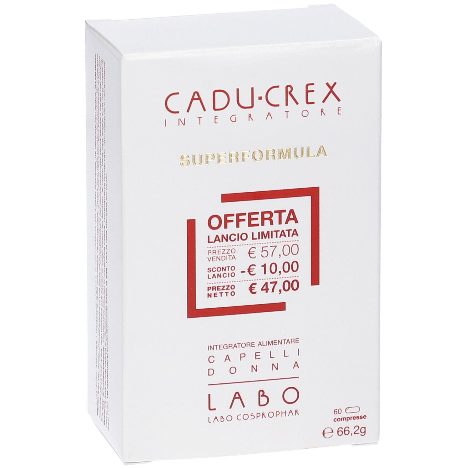 Scatola bianca CADU-CREX SUPERFORMULA. Prezzo offerta: 47,00 €. 60 compresse, 66,2g.