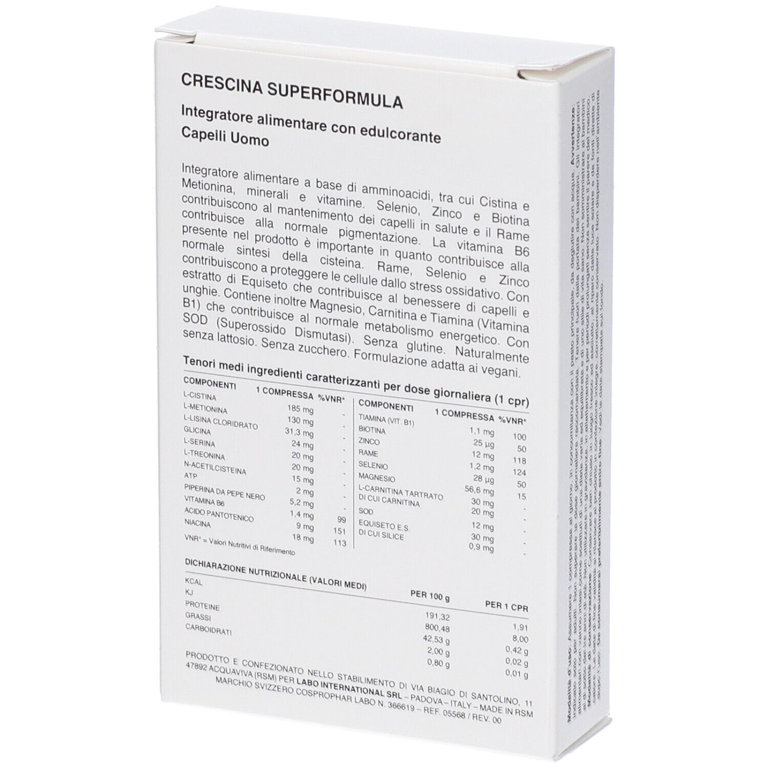 Retro della scatola bianca. Scritto: Crescina Superformula, integratore alimentare. Ingredienti e informazioni nutrizionali.