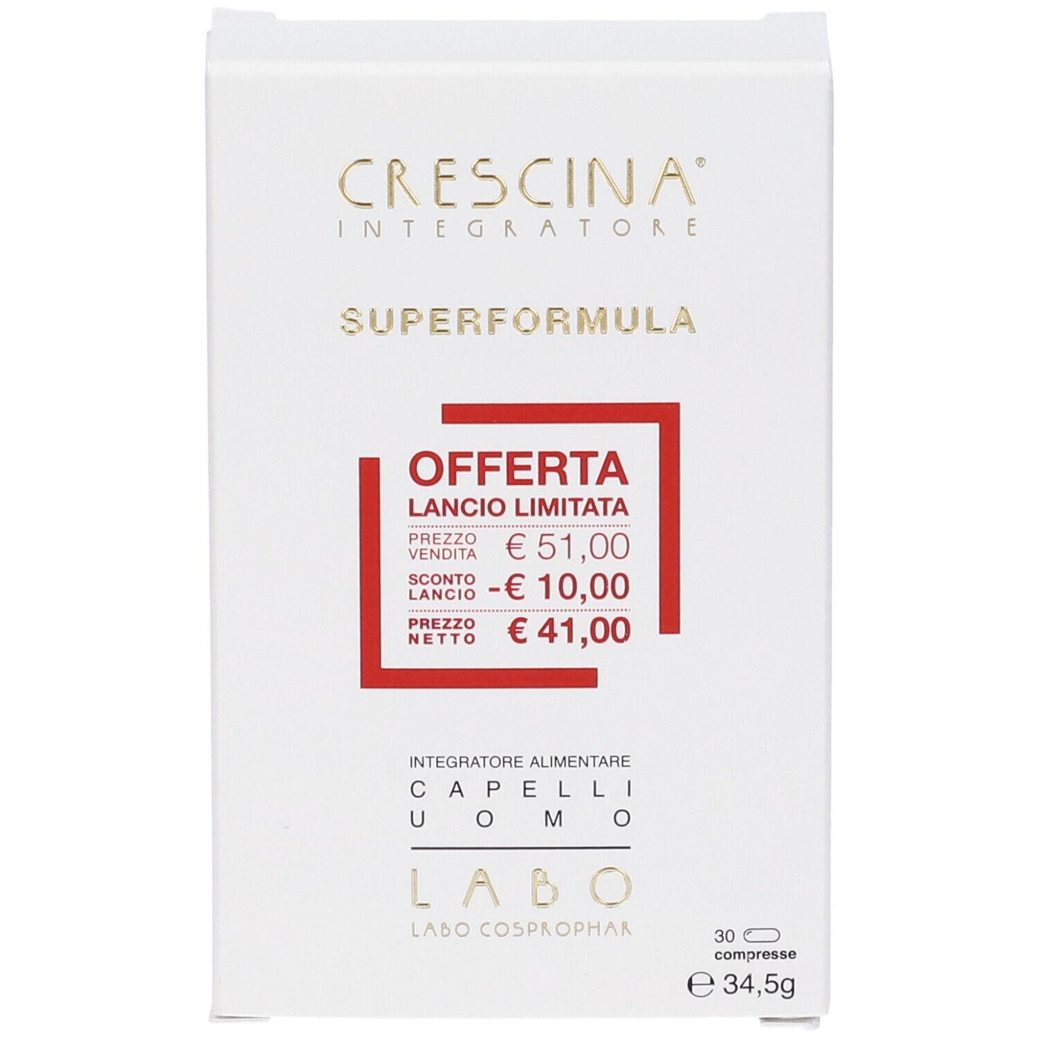 Scatola bianca con informazioni sul prodotto. Scritto: Crescina, Superformula, prezzo offerta. 30 compresse.