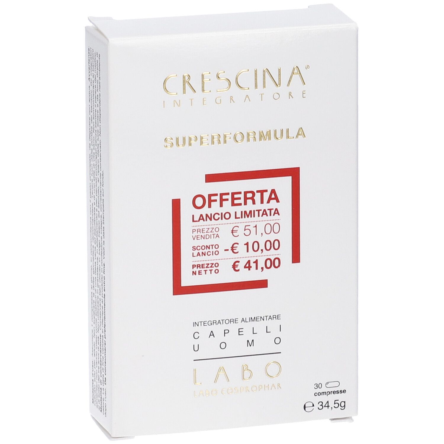 Scatola bianca con informazioni sul prodotto. Scritto: Crescina, Superformula, prezzo offerta. 30 compresse.