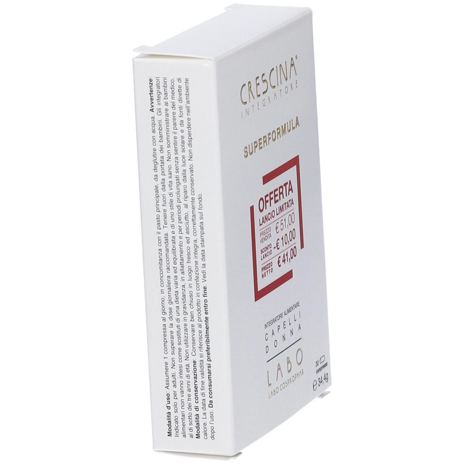 Scatola bianca in diagonale. Testo: Crescina, Superformula, Integratore Alimentare Capelli Donna. Cornice rossa con prezzi. 30 compresse.
