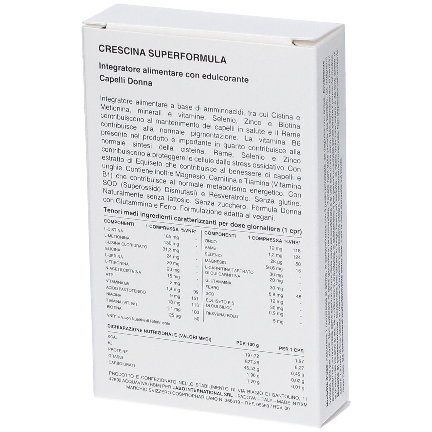 Retro della scatola bianca. Testo: Crescina Superformula, Integratore alimentare con edulcorante Capelli Donna. Ingredienti e valori nutrizionali.