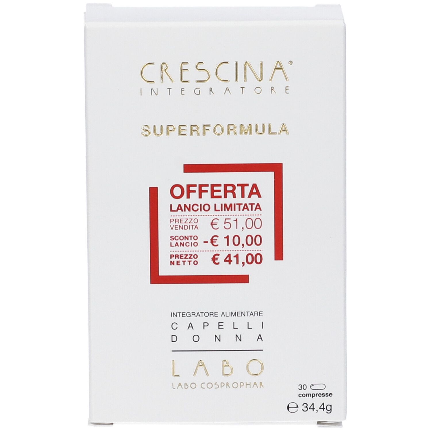 Scatola bianca con stampe. Cornice rossa con prezzi. Testo: Crescina, Superformula, Integratore Alimentare Capelli Donna. 30 compresse.