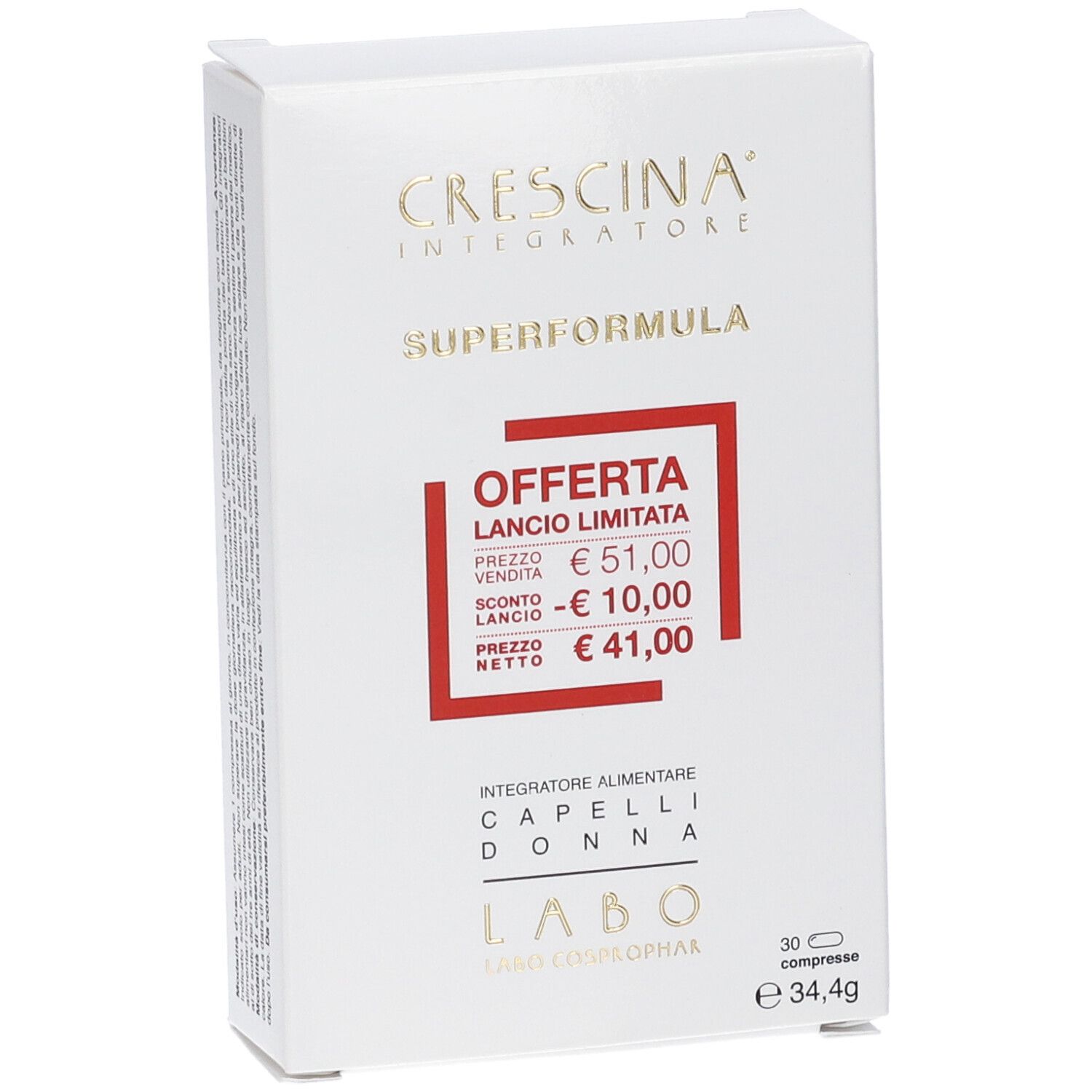 Scatola bianca con stampe. Cornice rossa con prezzi. Testo: Crescina, Superformula, Integratore Alimentare Capelli Donna. 30 compresse.