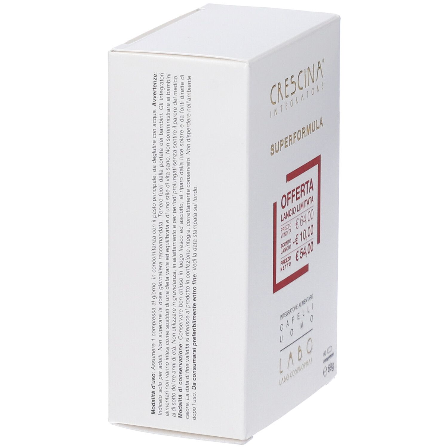 Scatola bianca, testo: Crescina, Superformula, Offerta, 60 compresse, 69g. Per uomini. Vista laterale.