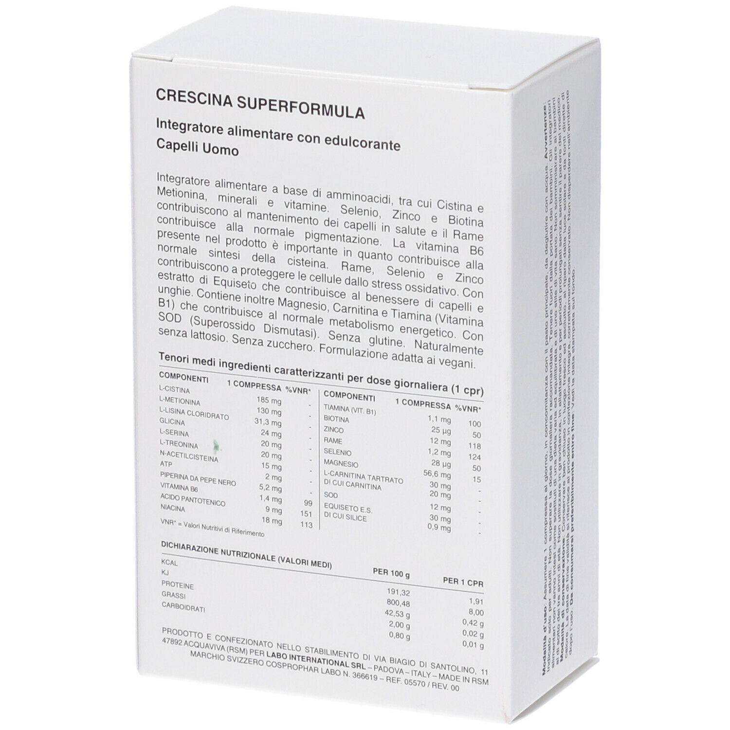 Scatola bianca con testo. Crescina Superformula, ingredienti, informazioni nutrizionali, per uomini.