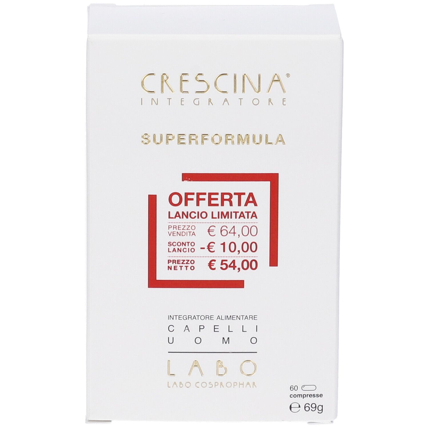 Scatola bianca con testo. Crescina, Superformula, Offerta, 60 compresse, 69g. Per uomini.