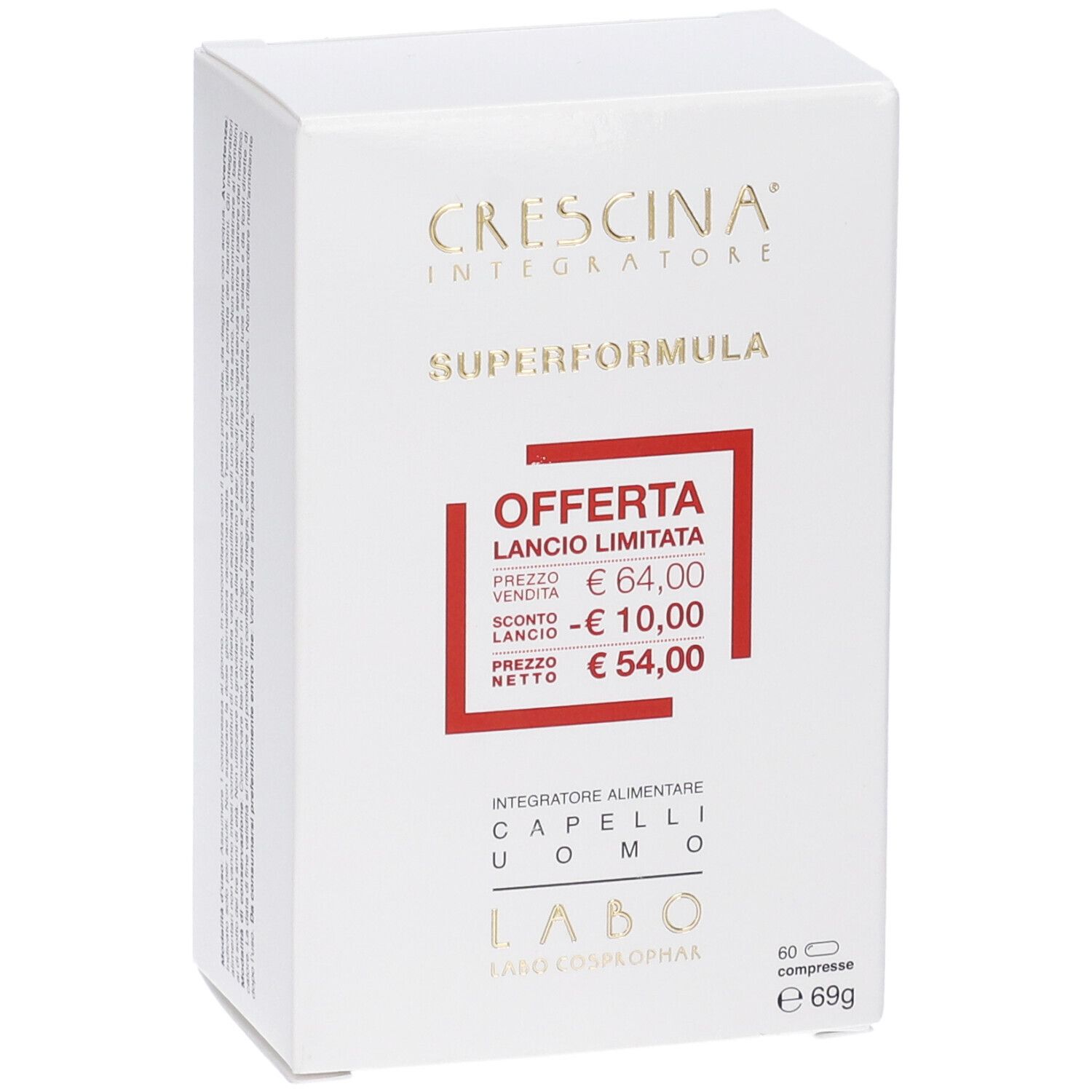 Scatola bianca con testo. Crescina, Superformula, Offerta, 60 compresse, 69g. Per uomini.